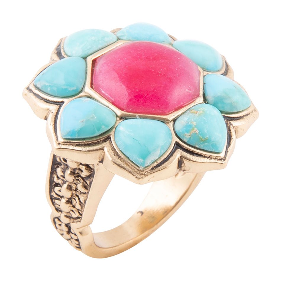 Blue Turquoise and Red Quartz Flower Golden Ring Barse Jewelry