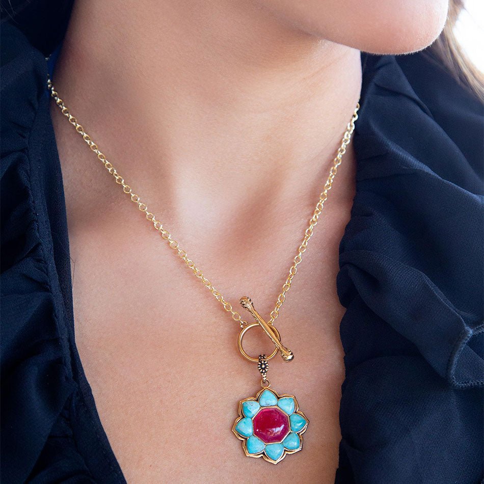 Blue Turquoise and Red Quartz Golden Chain Necklace Barse Jewelry
