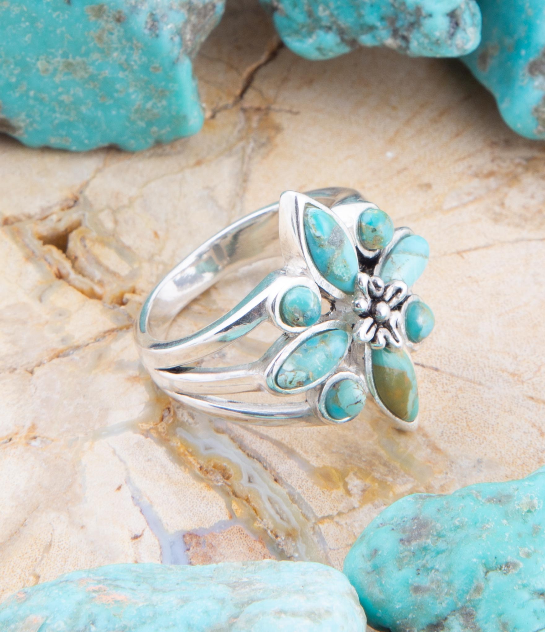 Floral Blue Turquoise and Sterling Silver Statement Ring Barse Jewelry