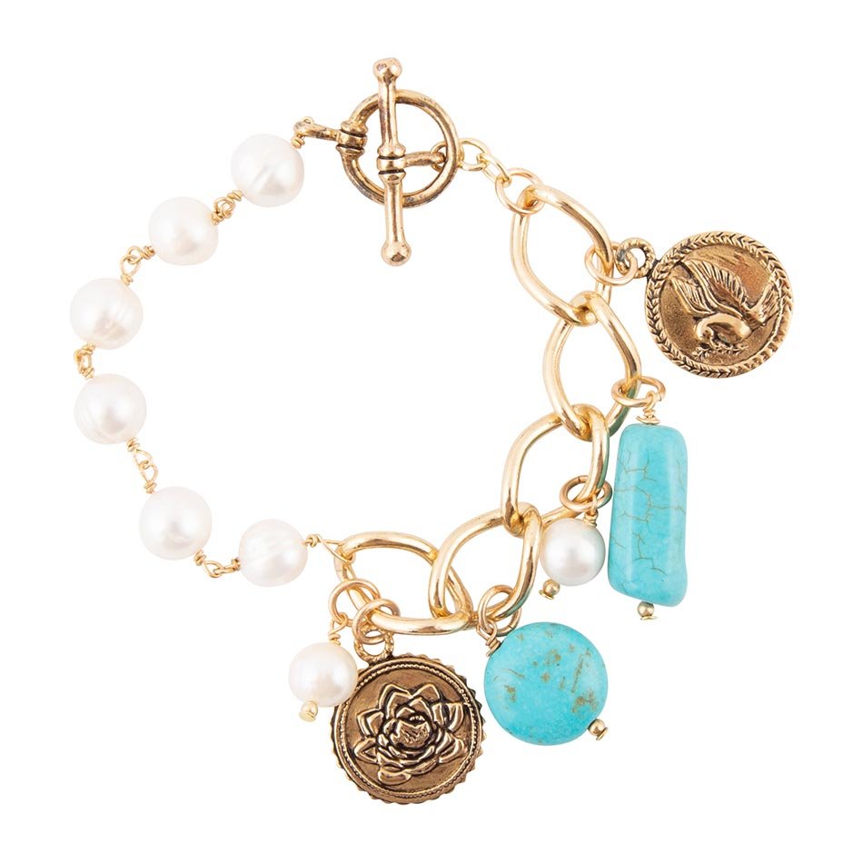 Blue Turquoise and White Pearl Multi Charm Golden Bracelet Barse Jewelry