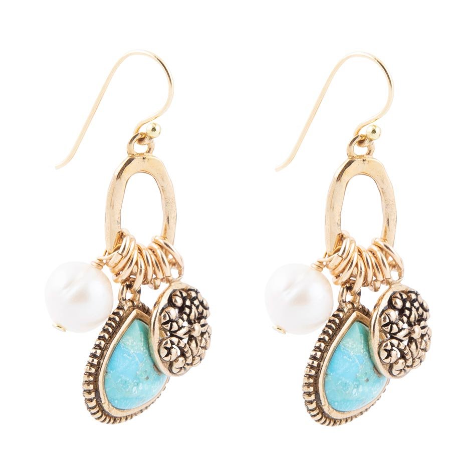 Blue Turquoise and White Pearl Multi Charm Golden Charm Earrings Barse Jewelry