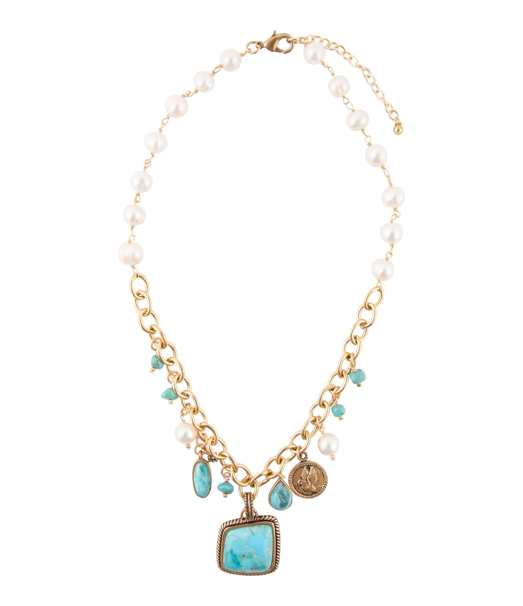 Blue Turquoise and White Pearl Multi Pendant Golden Necklace Barse Jewelry