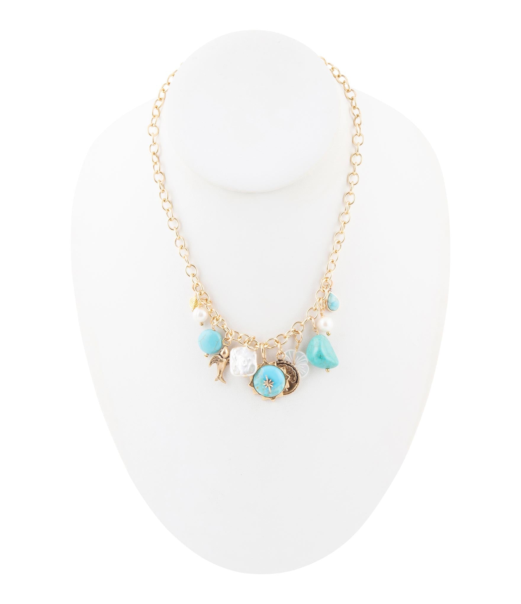 Blue Turquoise and White Pearl Multi Charm Golden Necklace Barse Jewelry