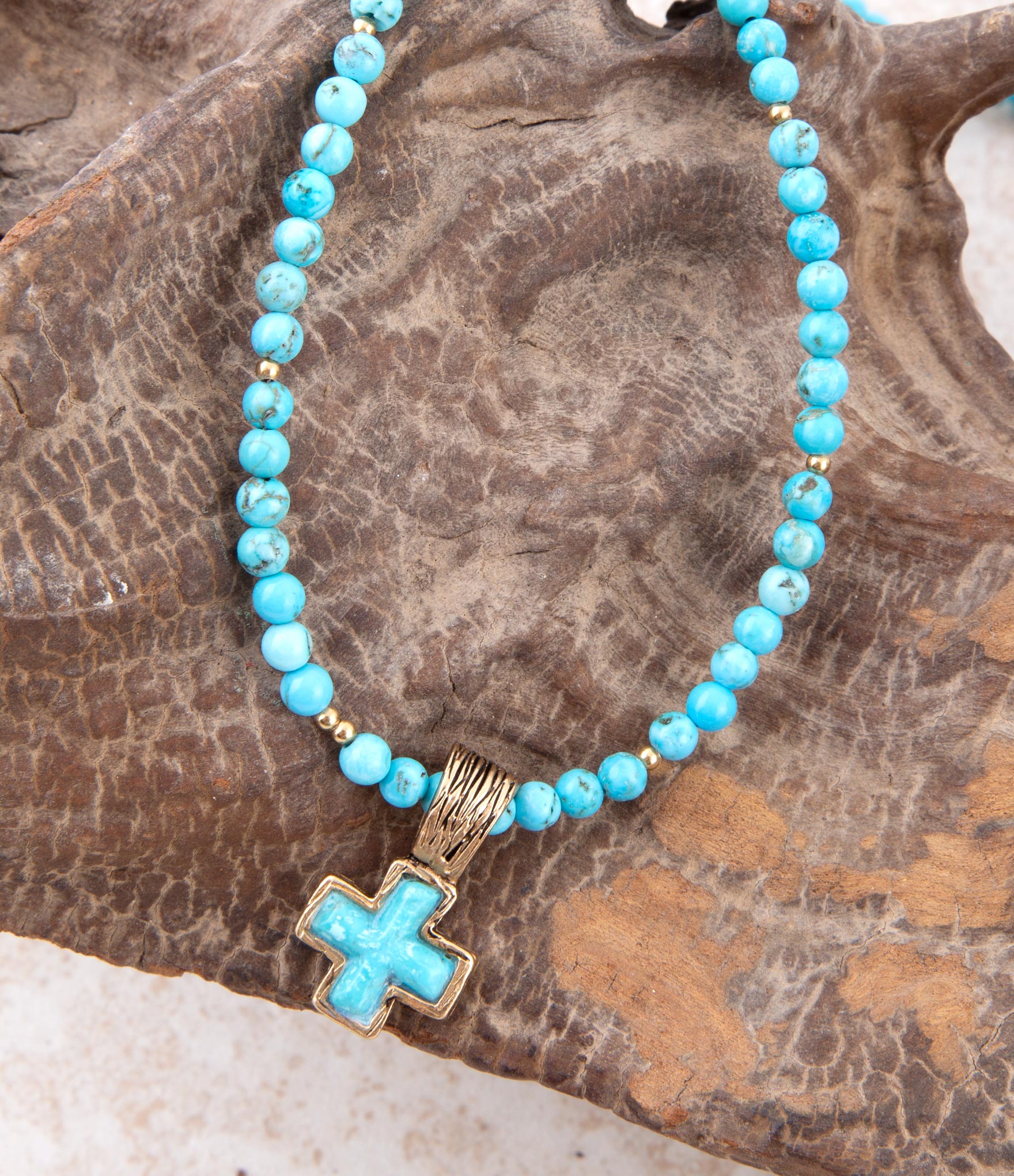 Blue Turquoise Cross Golden Pendant Necklace Barse Jewelry