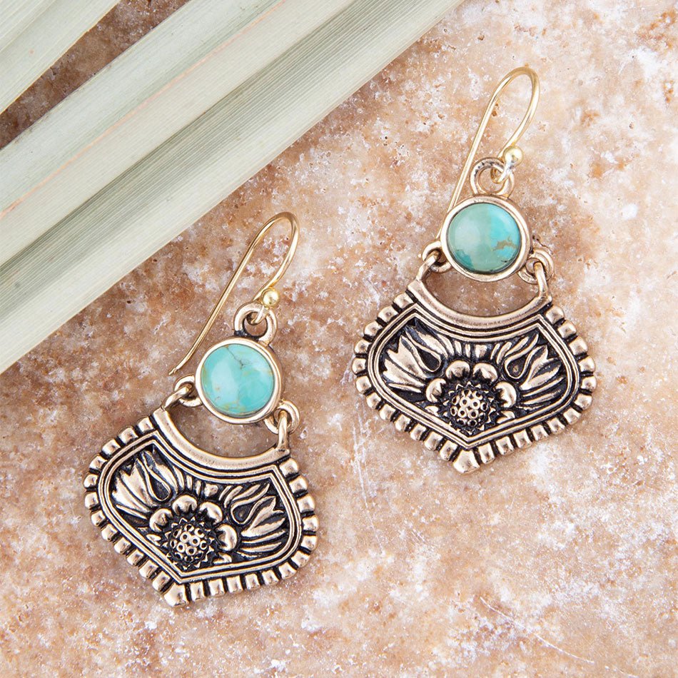 Blue Turquoise Flourish Golden Drop Earrings Barse Jewelry
