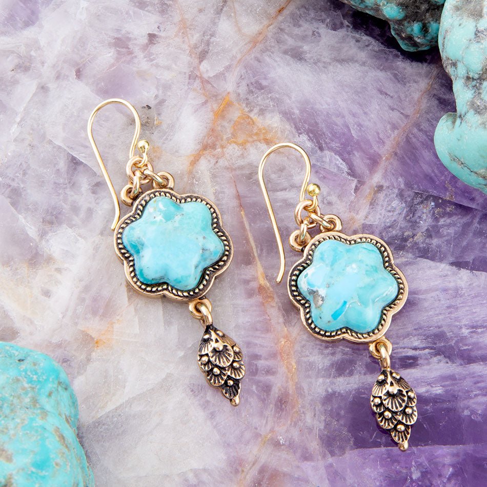 Blue Turquoise Flower Golden Drop Earrings Barse Jewelry