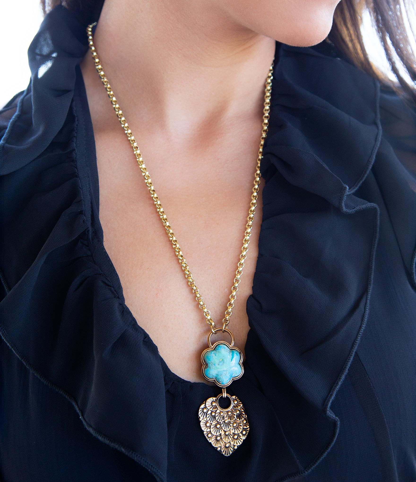Blue Turquoise Flower Golden Necklace Barse Jewelry