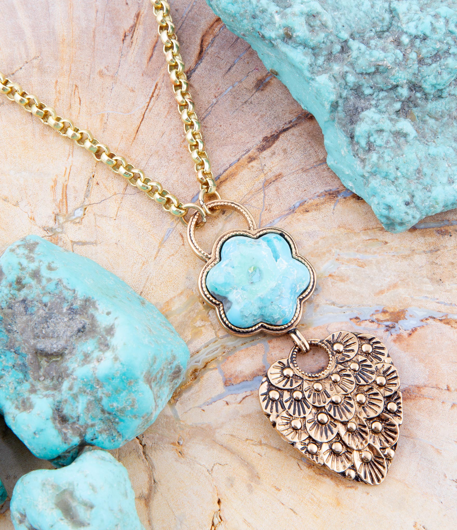Blue Turquoise Flower Golden Necklace Barse Jewelry