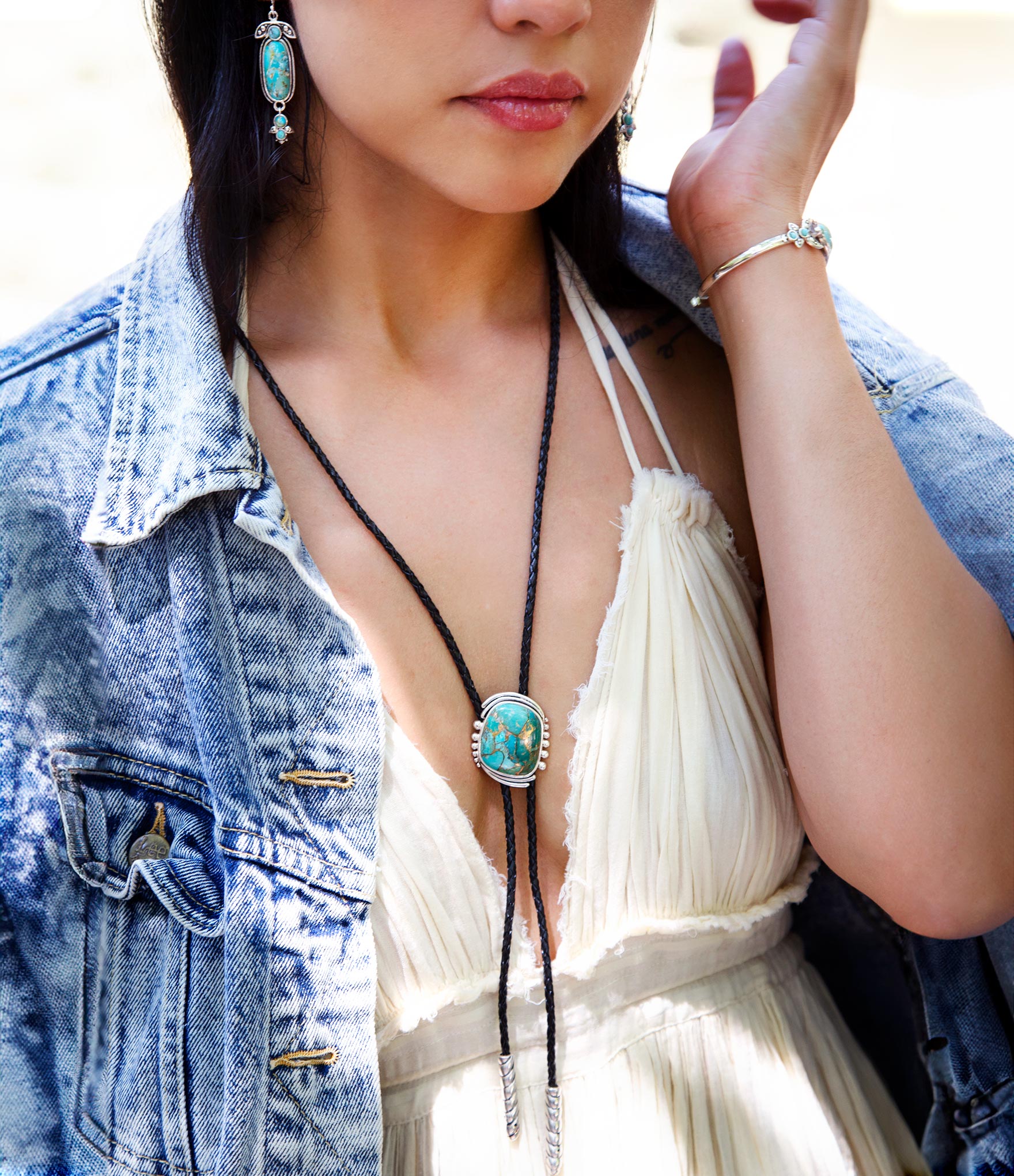 Blue Turquoise Matrix Sterling Silver Bolo Tie Necklace Barse Jewelry