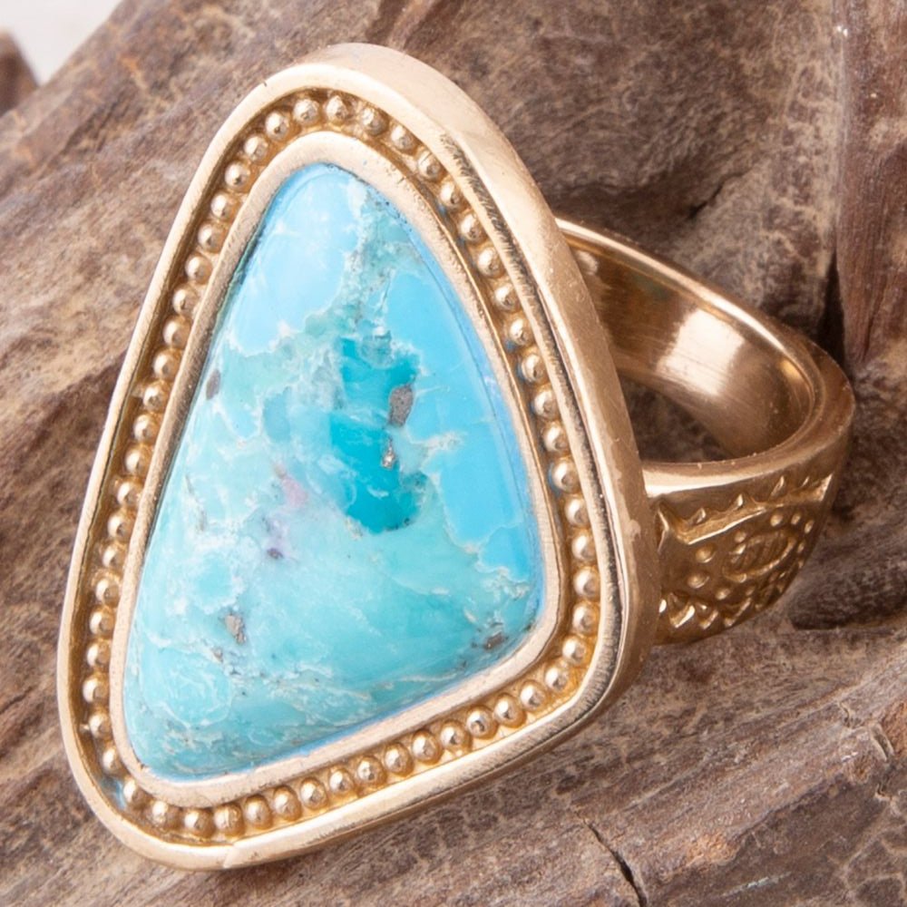 Blue Turquoise Triangle Golden Statement Ring Barse Jewelry