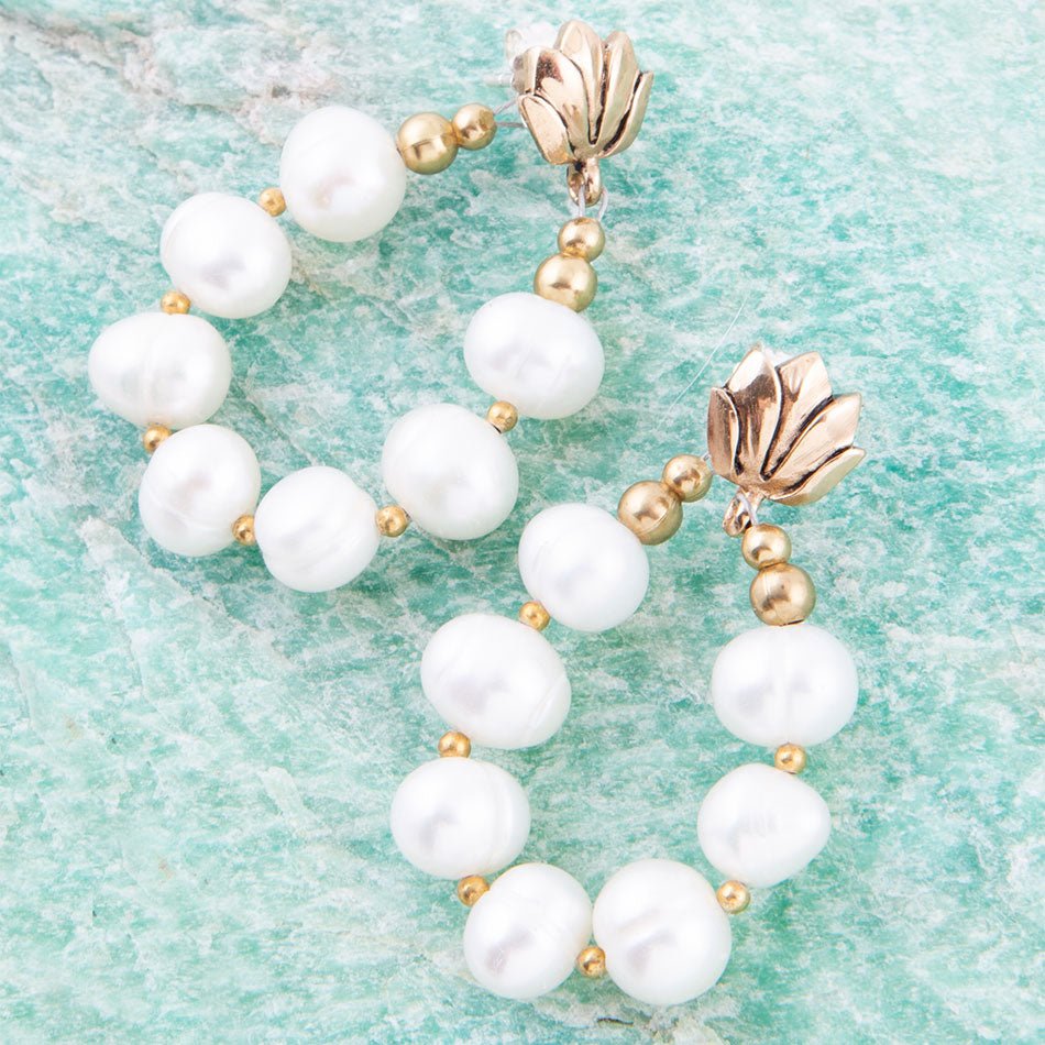 Carly White Pearl Complete Loop Golden Post Earrings Barse Jewelry