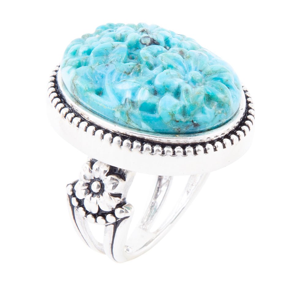 Carved Blue Turquoise and Sterling Silver Cocktail Ring Barse Jewelry