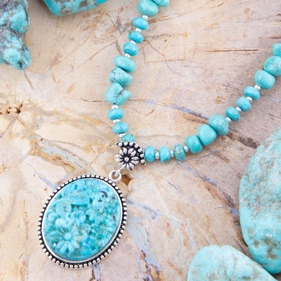 Carved Blue Turquoise and Sterling Silver Pendant Barse Jewelry