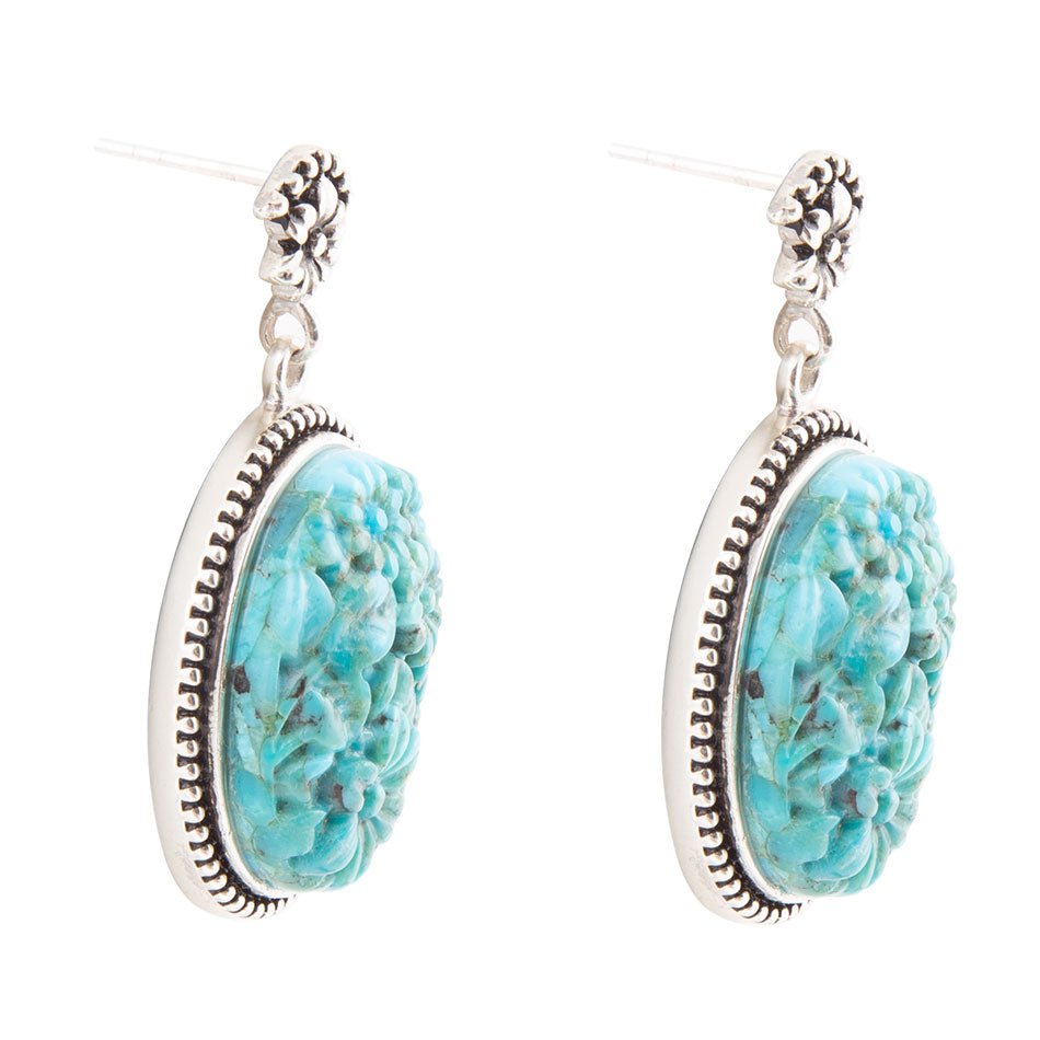 Carved Blue Turquoise Sterling Silver Drop Earrings Barse Jewelry