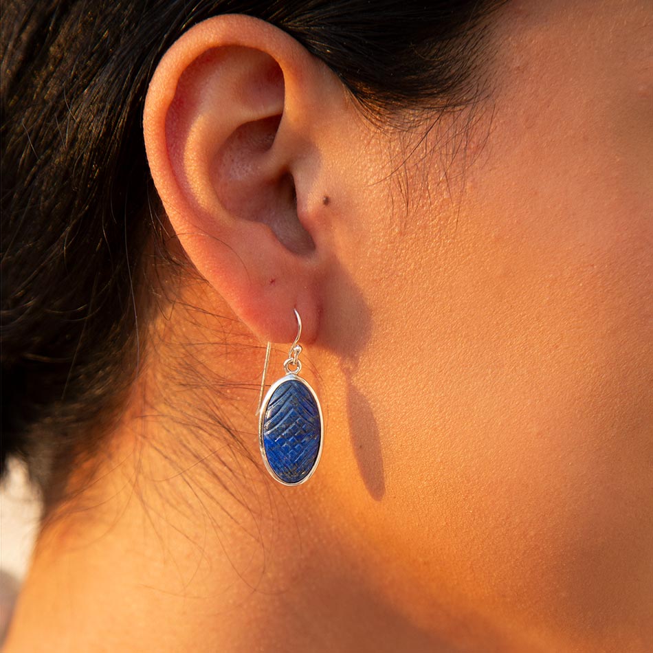 Carved Blue Lapis Sterling Silver Drop Earrings Barse Jewelry