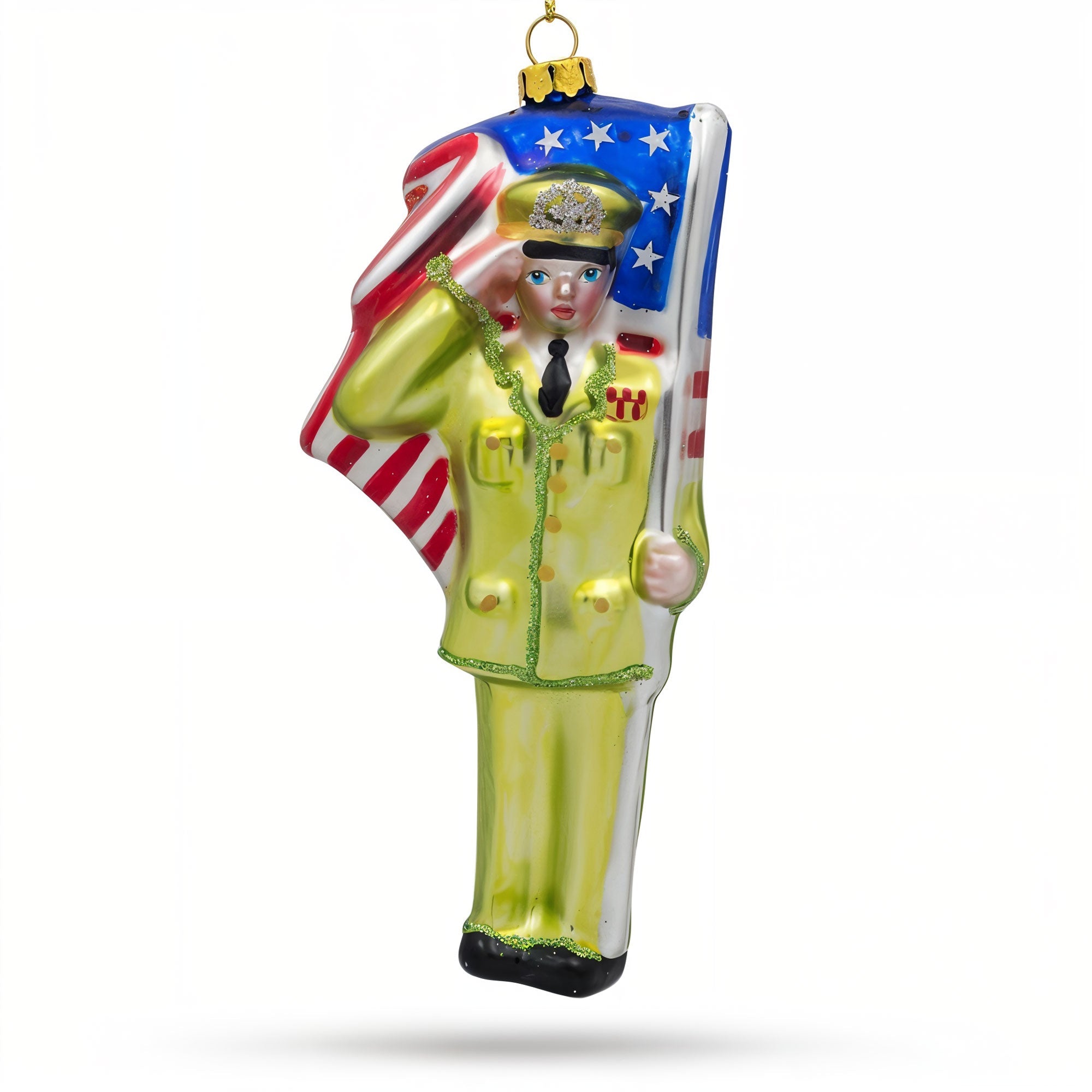 Patriotic Soldier with American Flag Glass Christmas Ornament