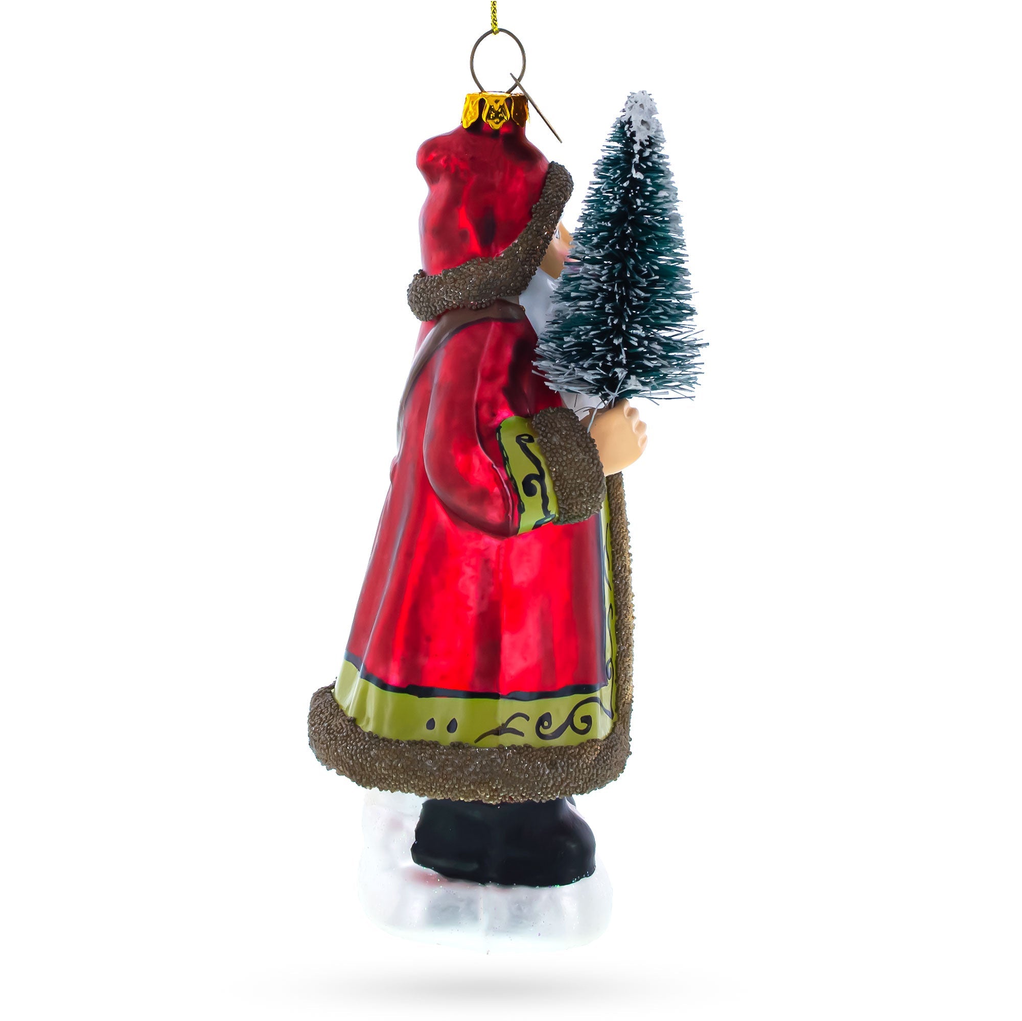 Santa with Fir Tree Glass Christmas Ornament