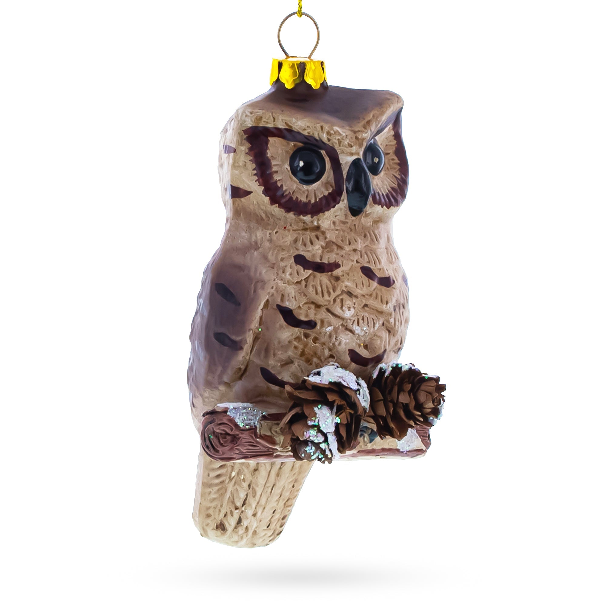 Wise Owl Perched on Branch Glass Christmas Ornament