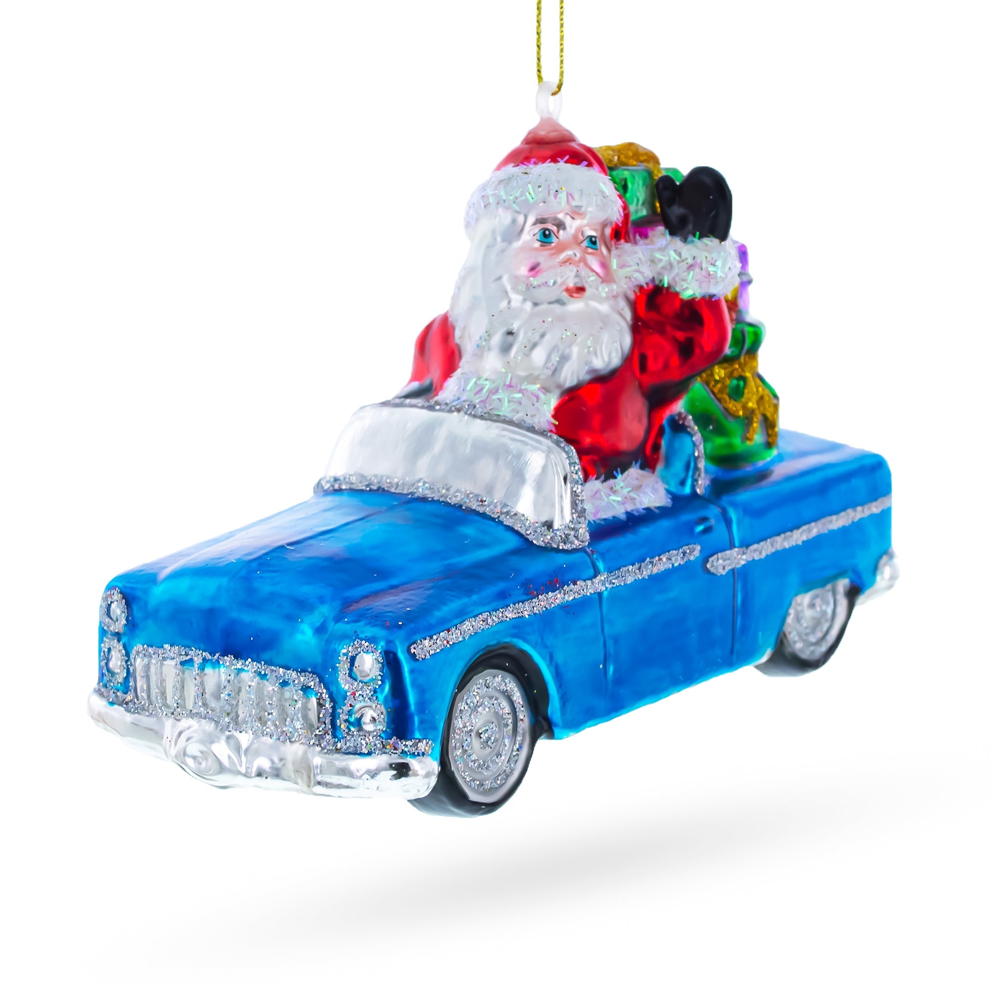 Santa Driving Convertible Car Glass Christmas Ornament