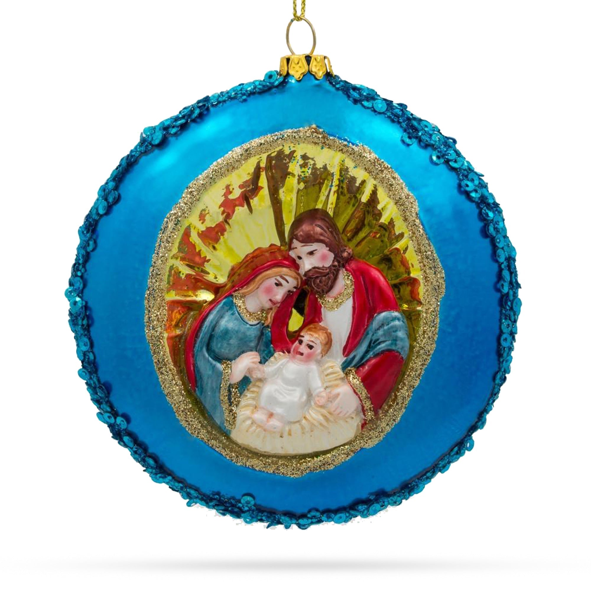 Serene Holy Family on Purple Disc Glass Christmas Ornament