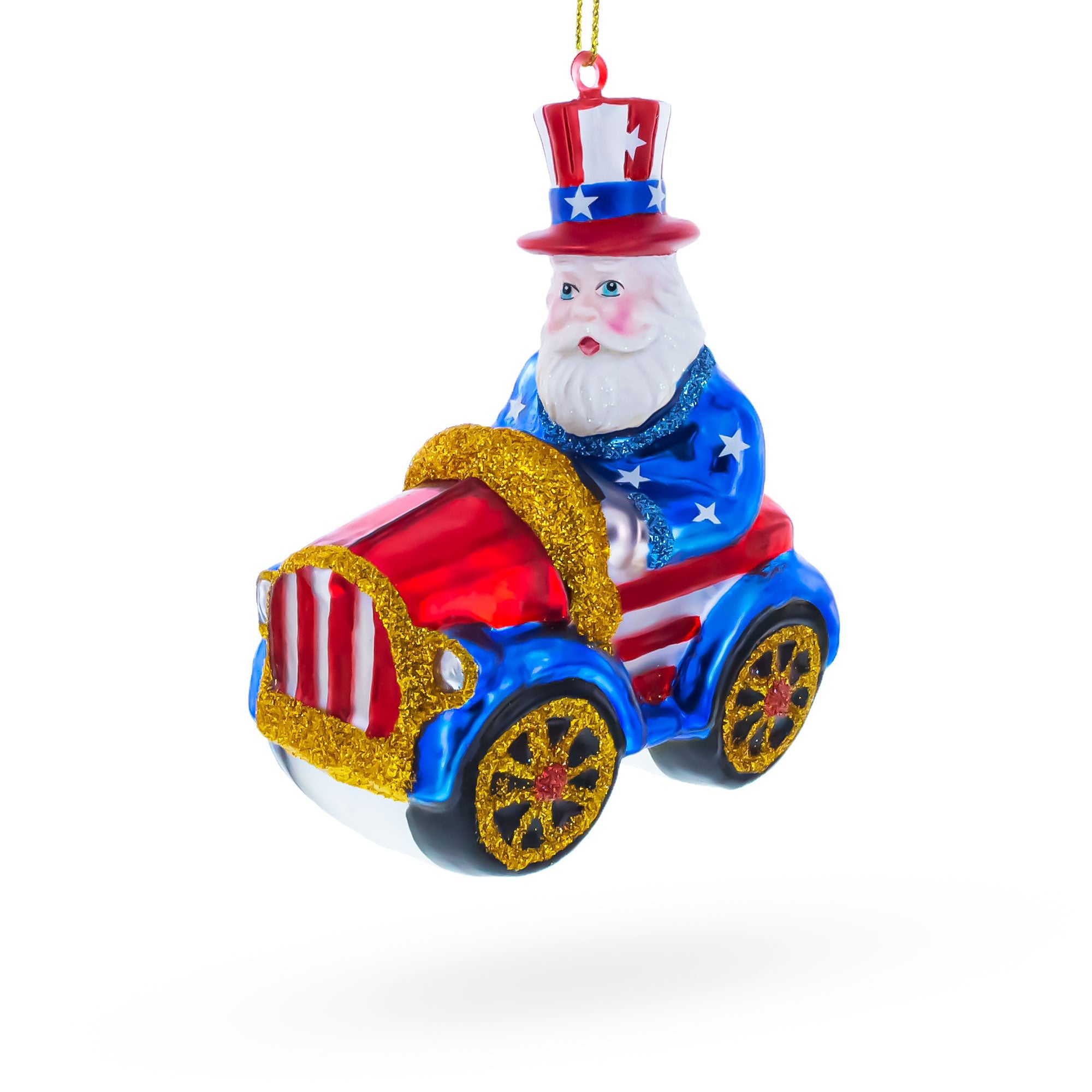 Uncle Sam Santa Driving a Car Glass Christmas Ornament BestPysanky