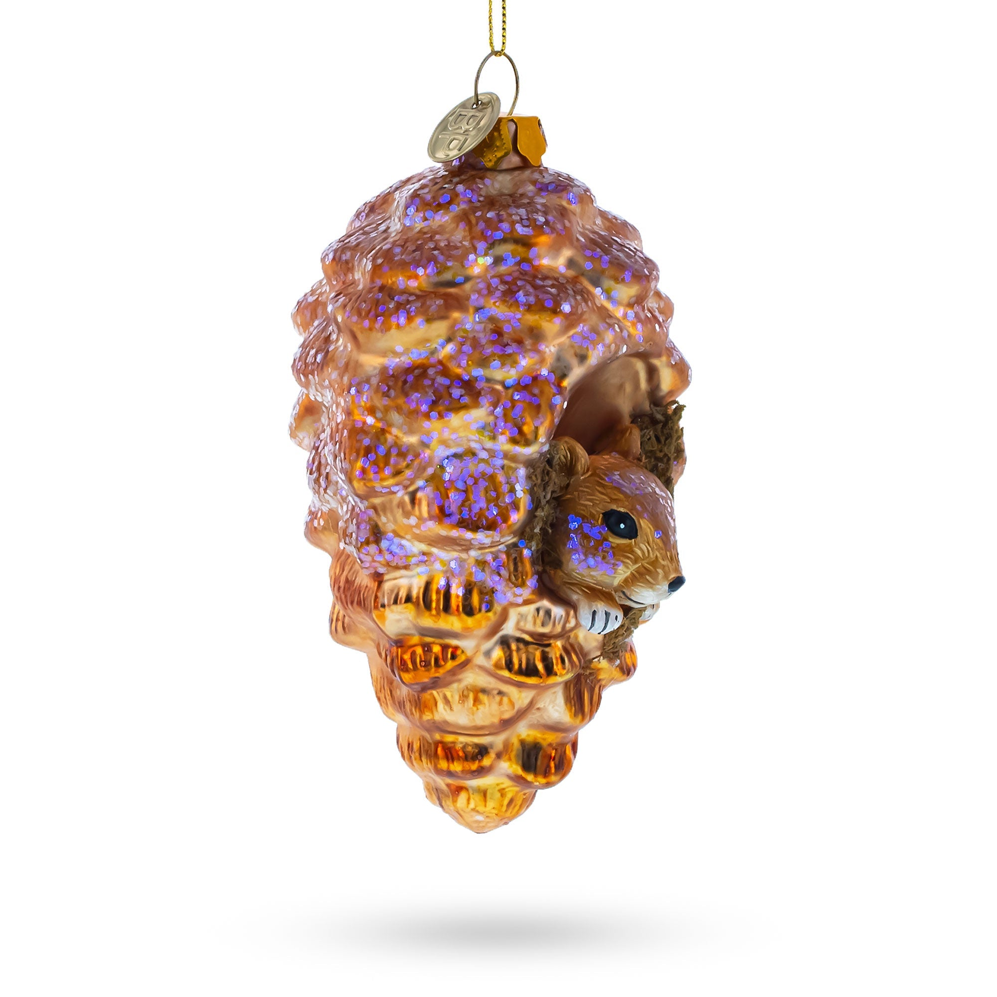 Squirrel Nestled in Pine Cone Glass Christmas Ornament