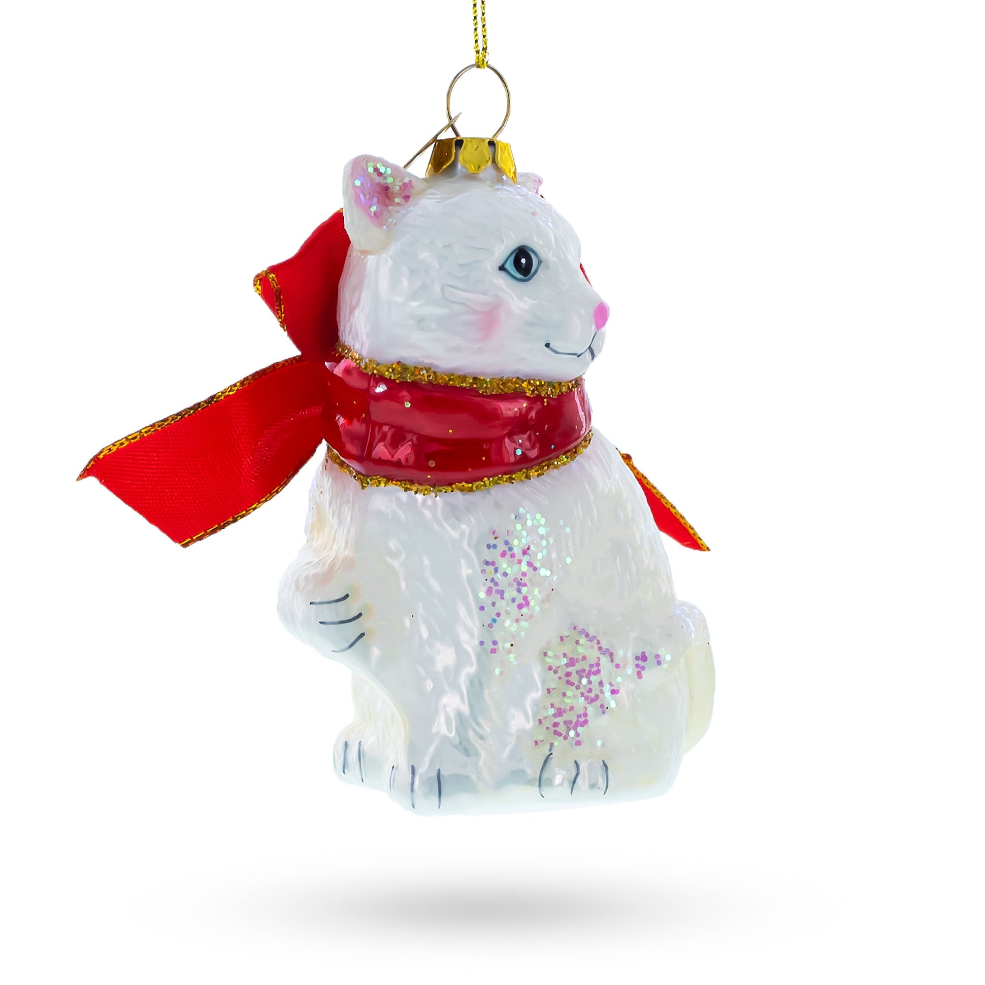 White Cat with Red Scarf Glass Christmas Ornament