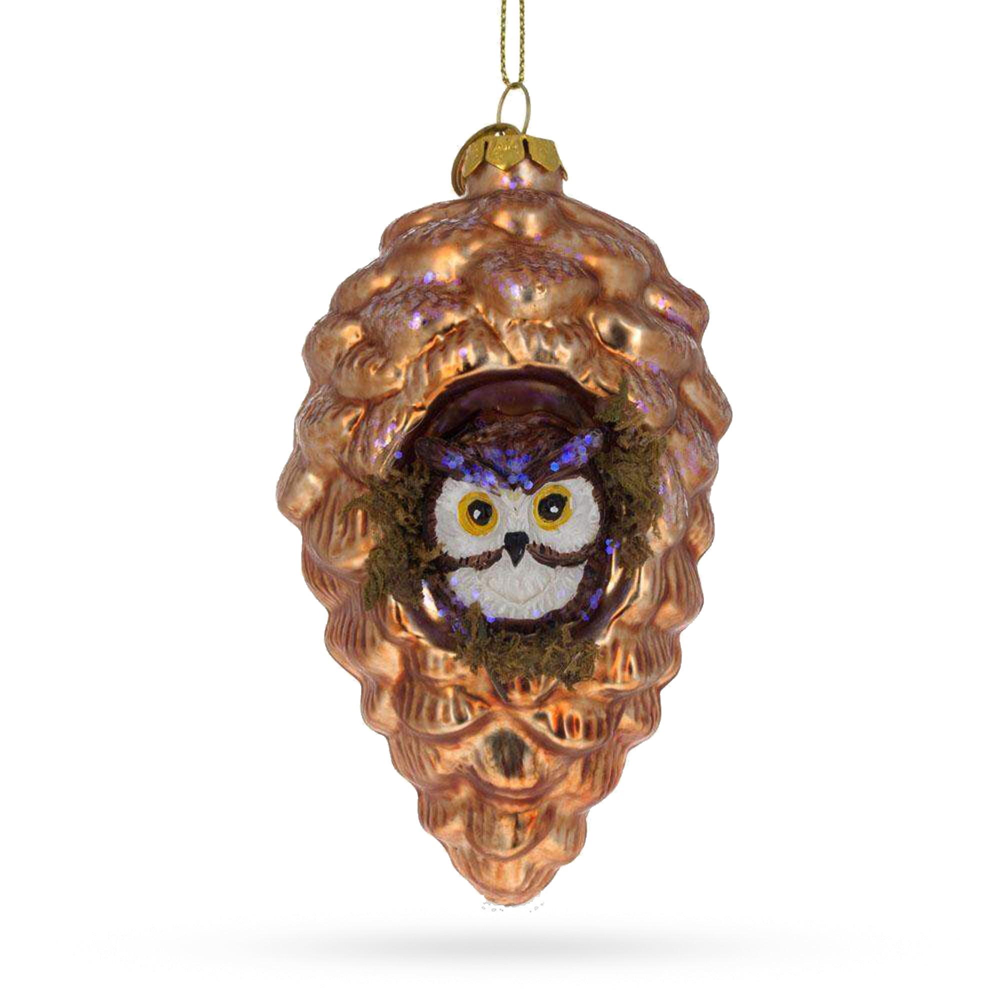 Wise Owl Nestled in Pine Cone Glass Christmas Ornament