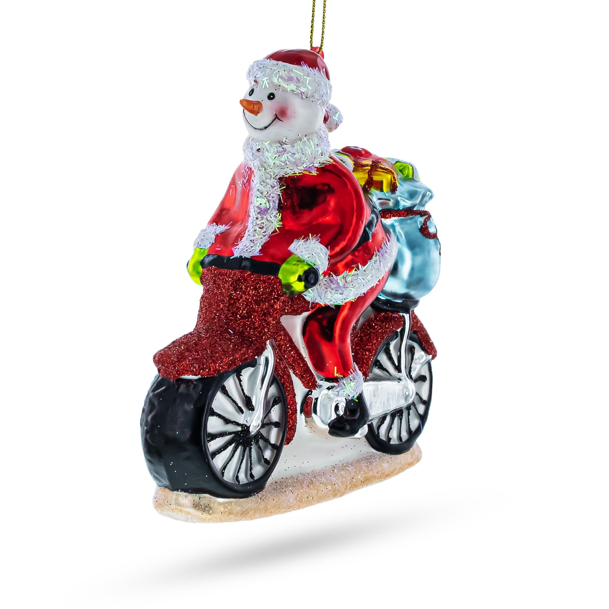 Snowman Biker on the Road Glass Christmas Ornament