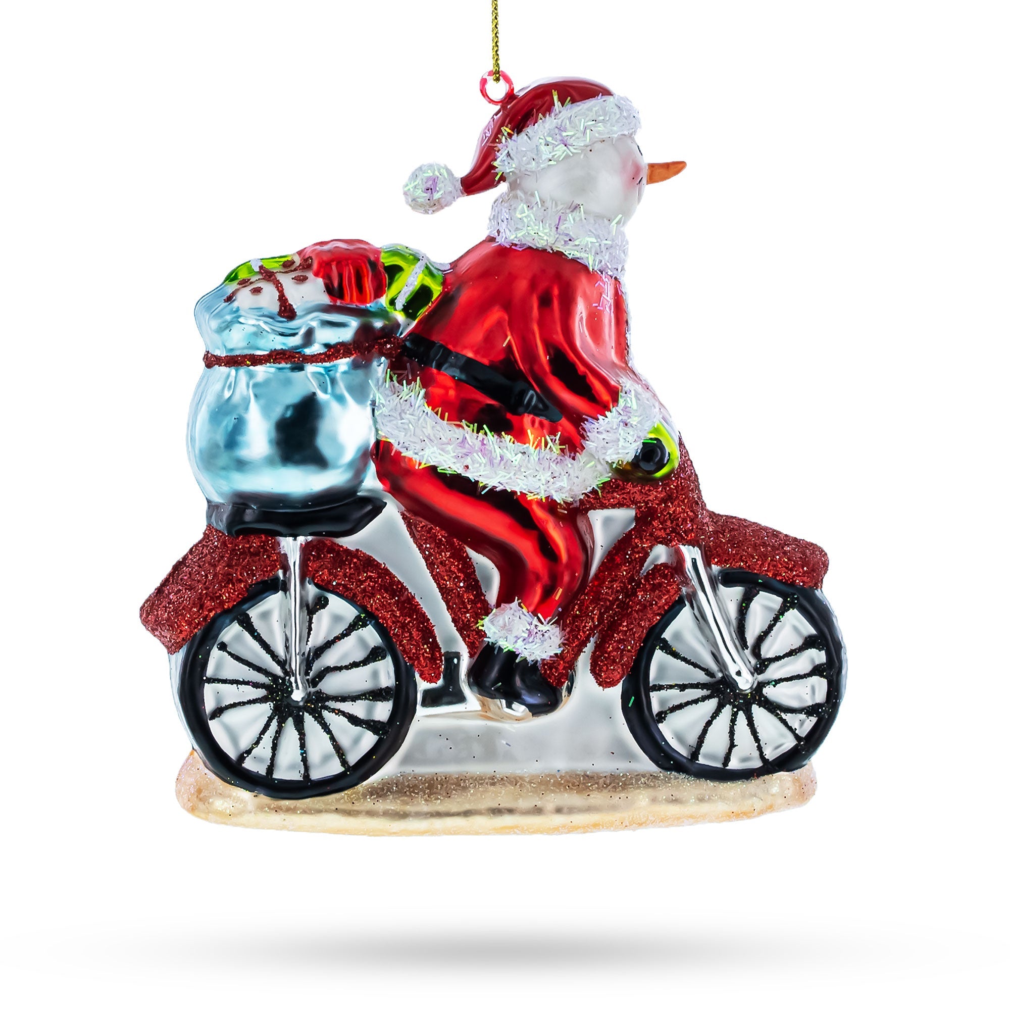 Snowman Biker on the Road Glass Christmas Ornament