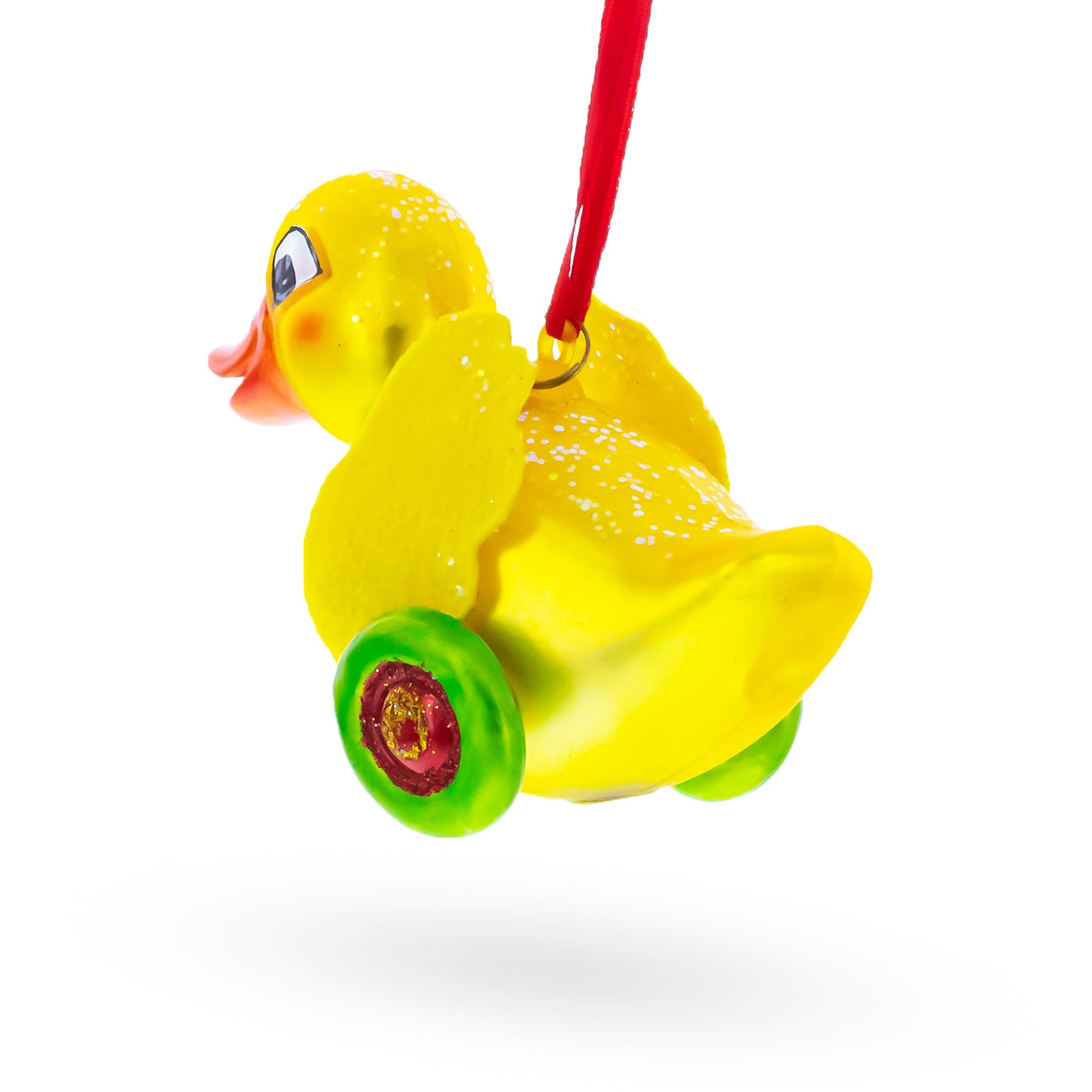Yellow Duck Rolling on Wheels Glass Christmas Ornament BestPysanky