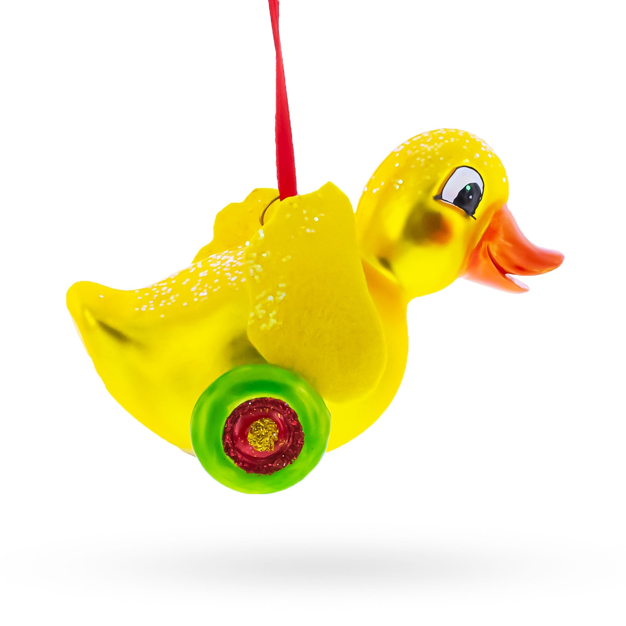 Yellow Duck Rolling on Wheels Glass Christmas Ornament BestPysanky
