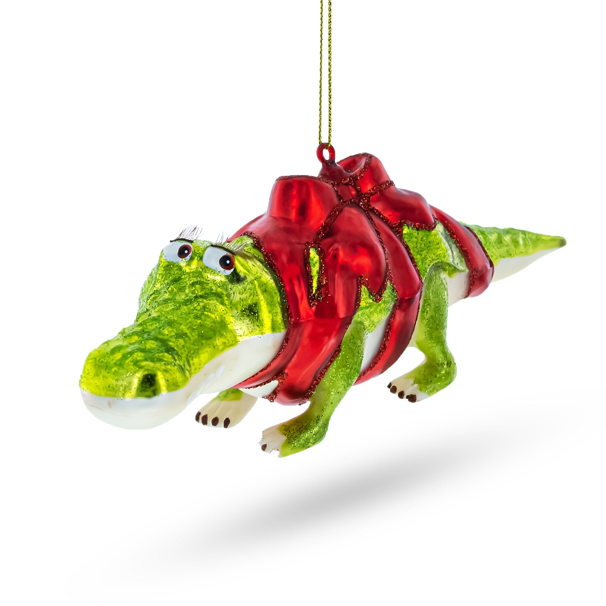 Alligator Adorned with Gift Ribbon Glass Christmas Ornament