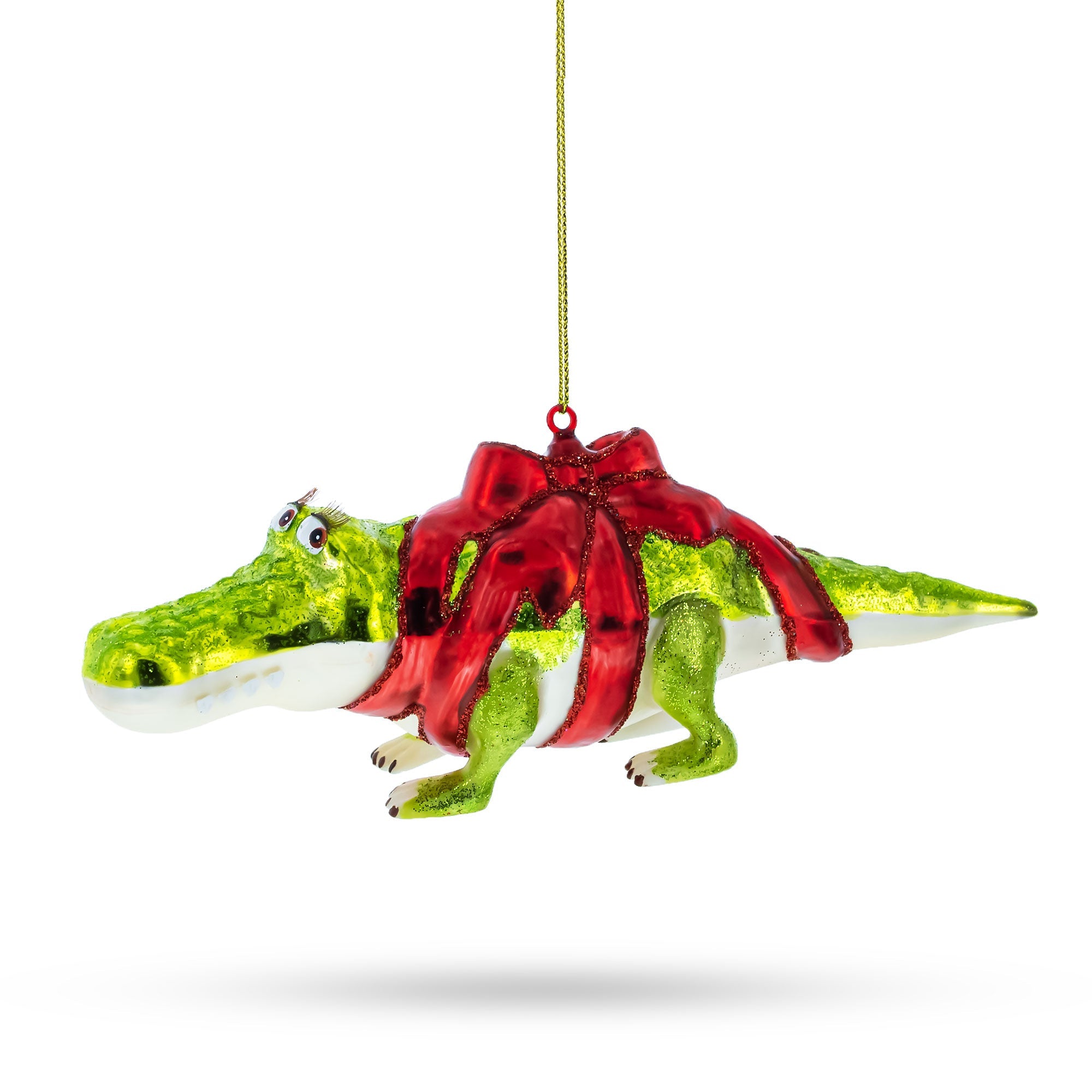 Alligator Adorned with Gift Ribbon Glass Christmas Ornament
