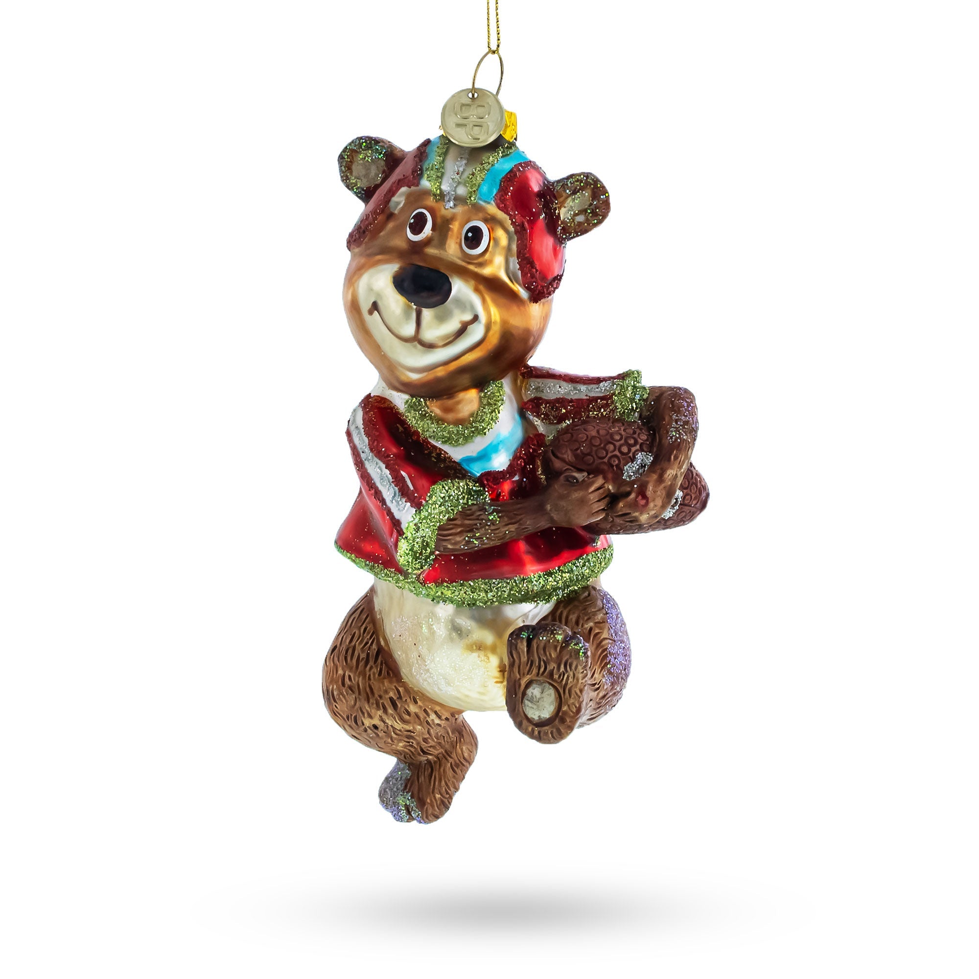 Bear Engaged in Football Glass Christmas Ornament