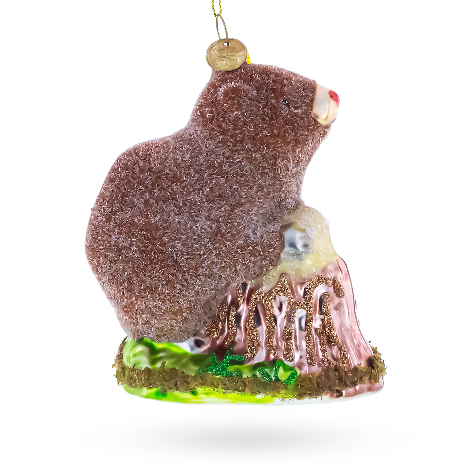 Beaver Holding a Log Glass Christmas Ornament