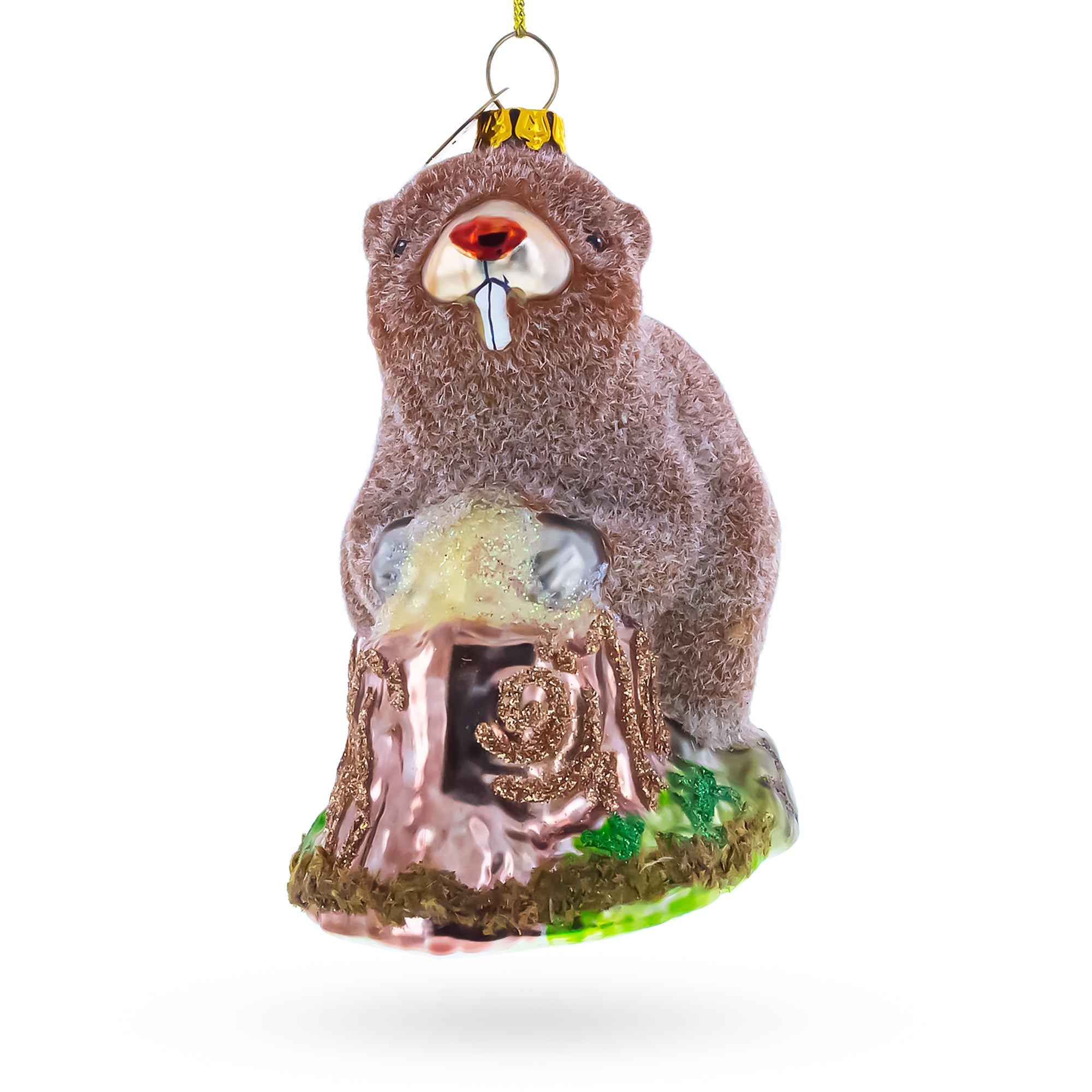 Beaver Holding a Log Glass Christmas Ornament