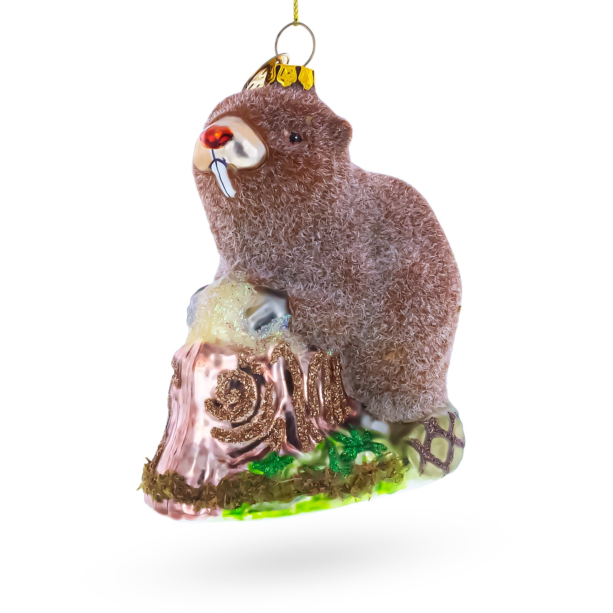 Beaver Holding a Log Glass Christmas Ornament