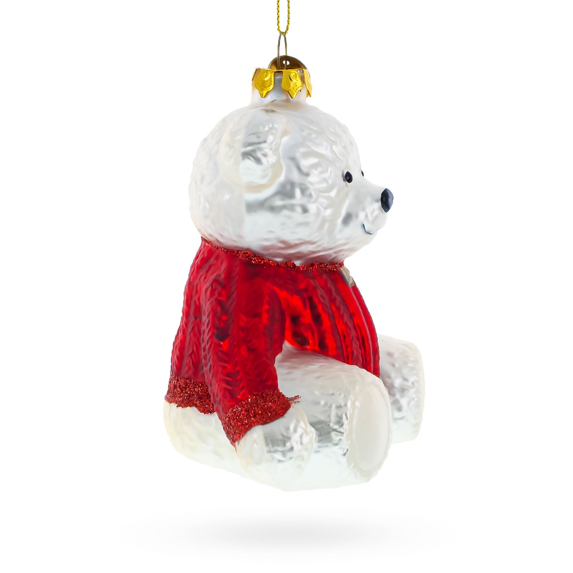 White Teddy Bear in Red Sweater Glass Christmas Ornament