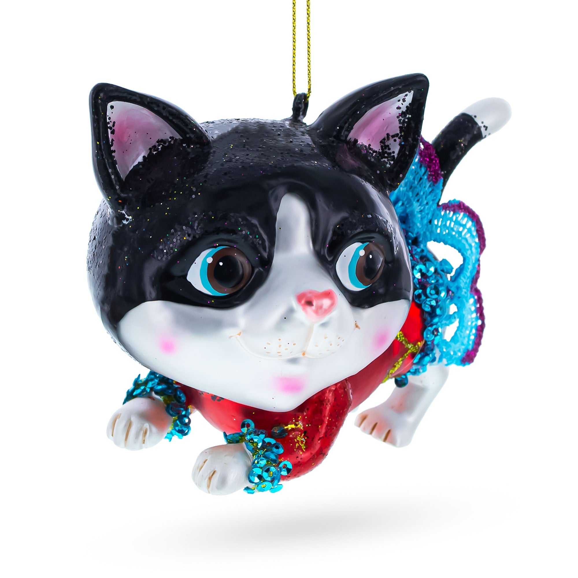 Black Cat Wearing a Dress Glass Christmas Ornament