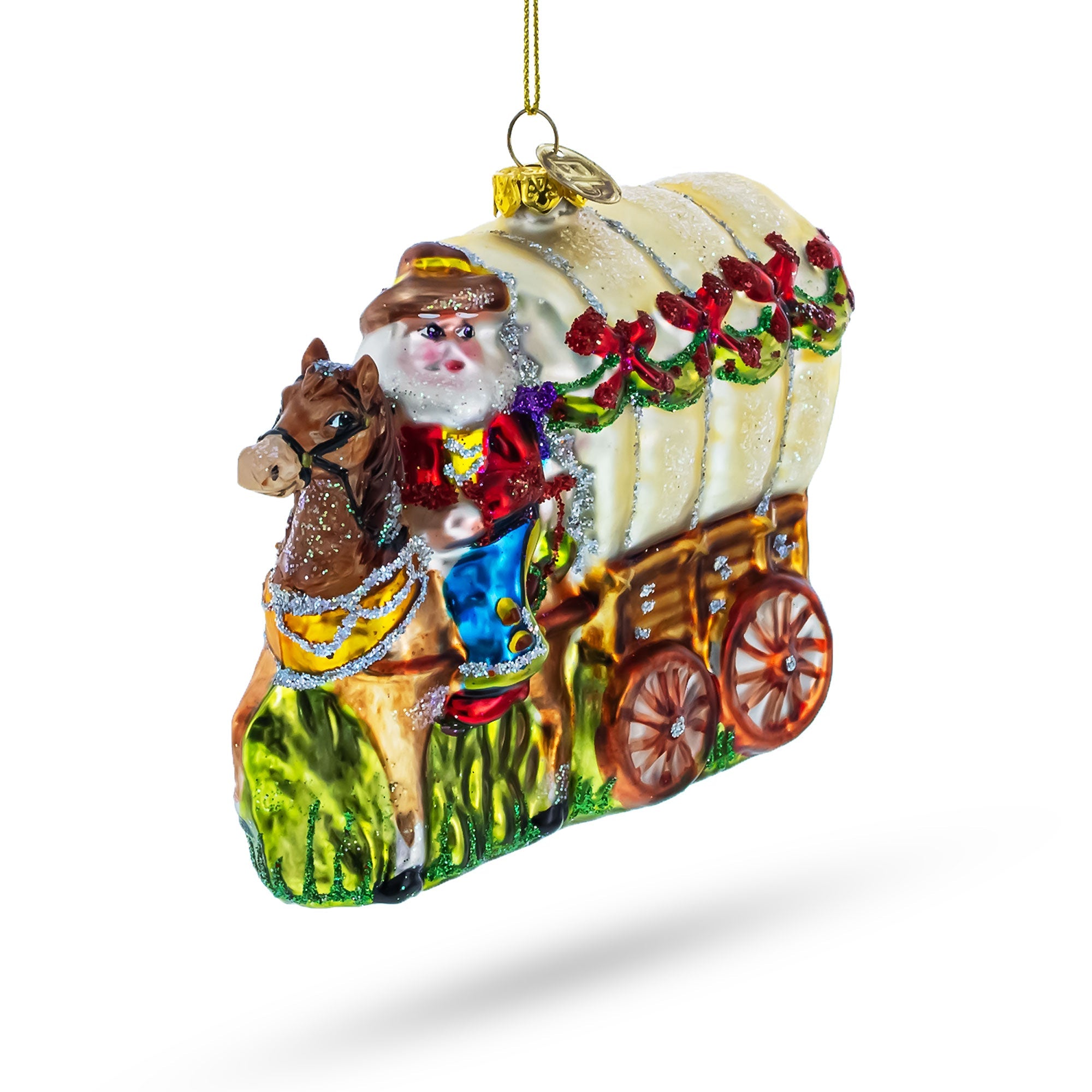 Western Santa with Holiday Wagon Glass Christmas Ornament