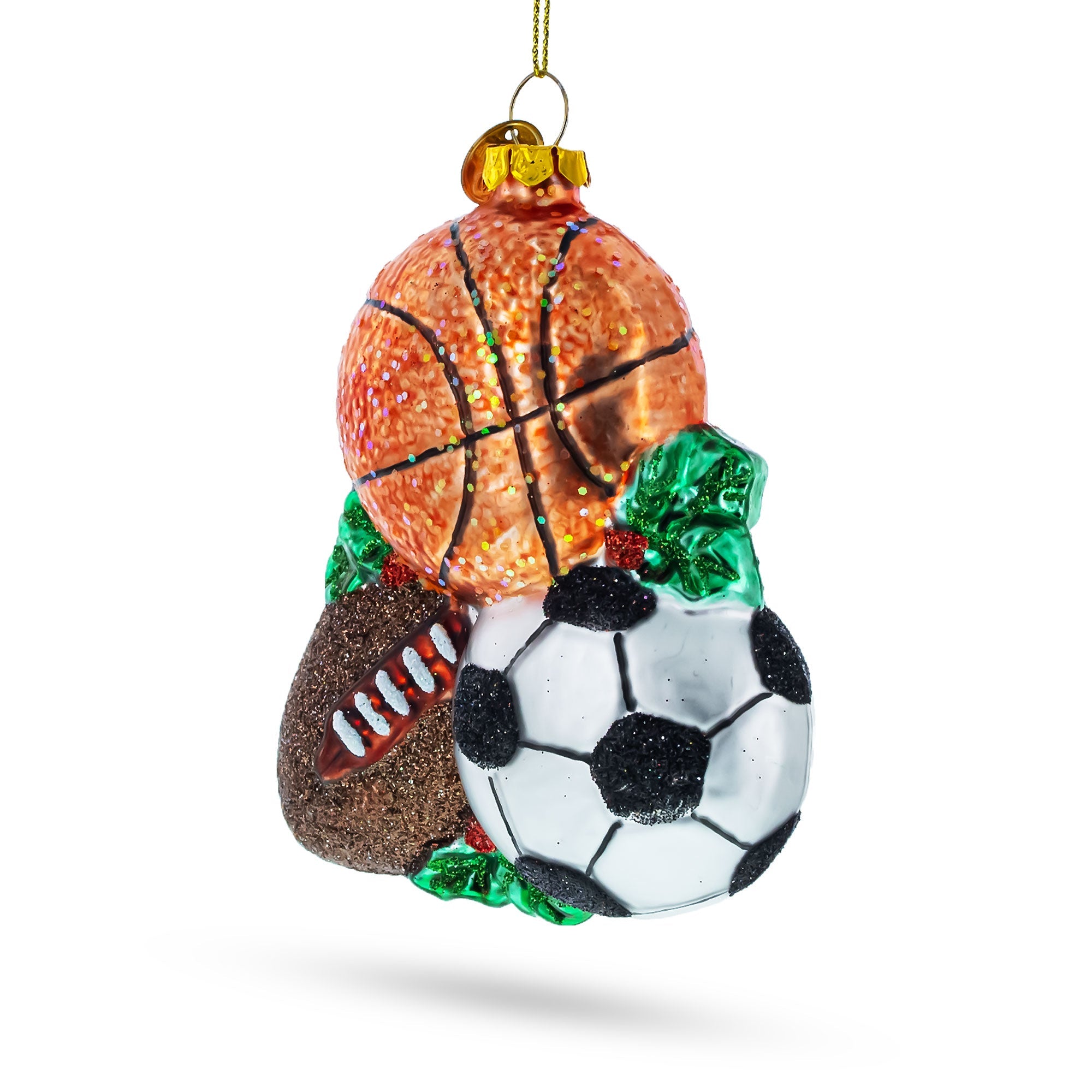 Sporty Football, Basketball, and Soccer Balls Glass Christmas Ornament
