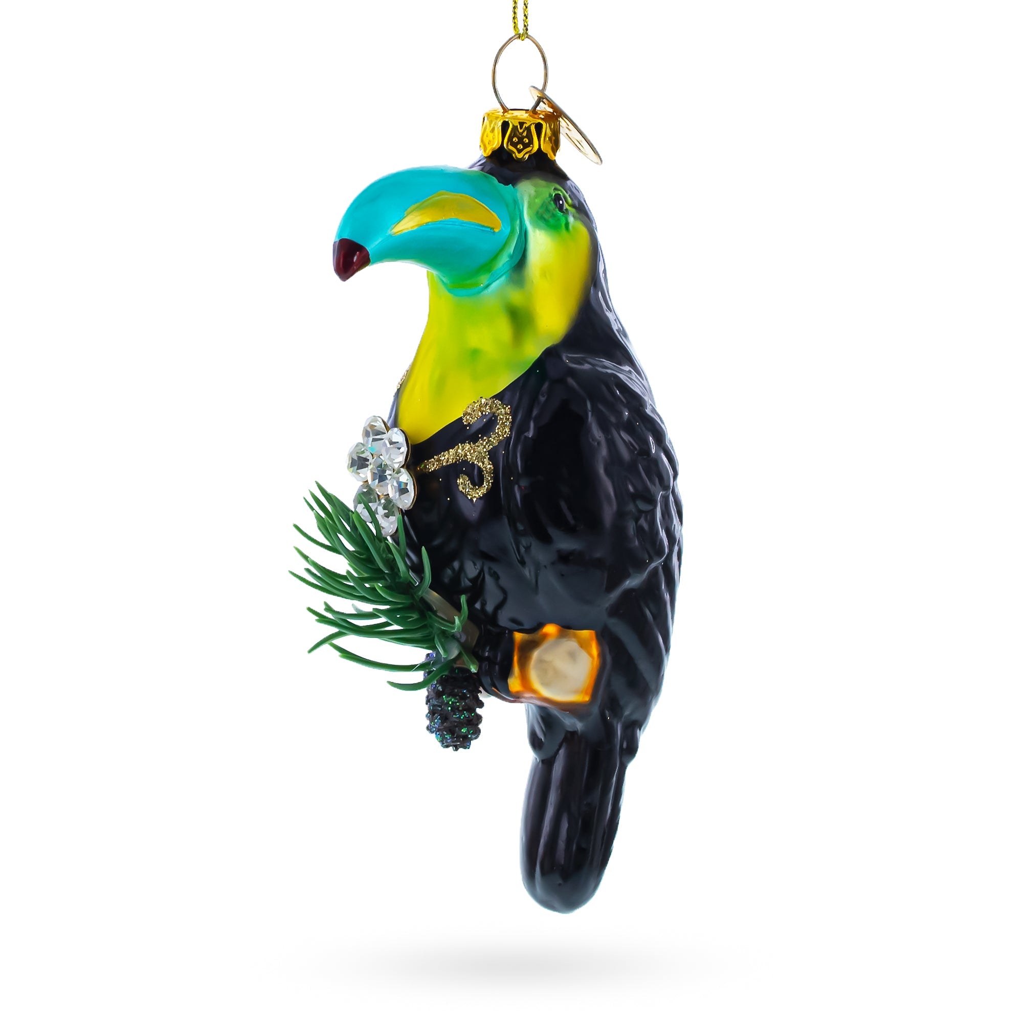 Toucan with Pine Branch Glass Christmas Ornament