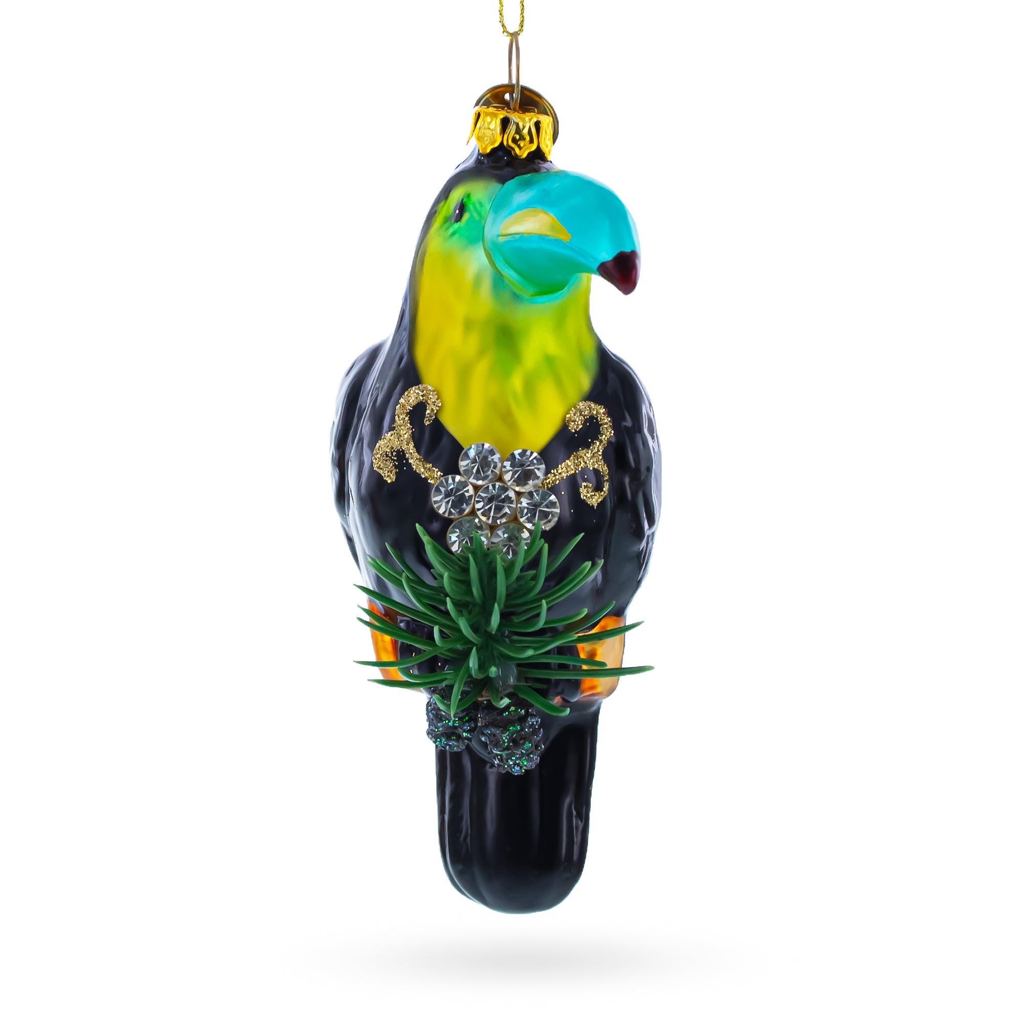 Toucan with Pine Branch Glass Christmas Ornament