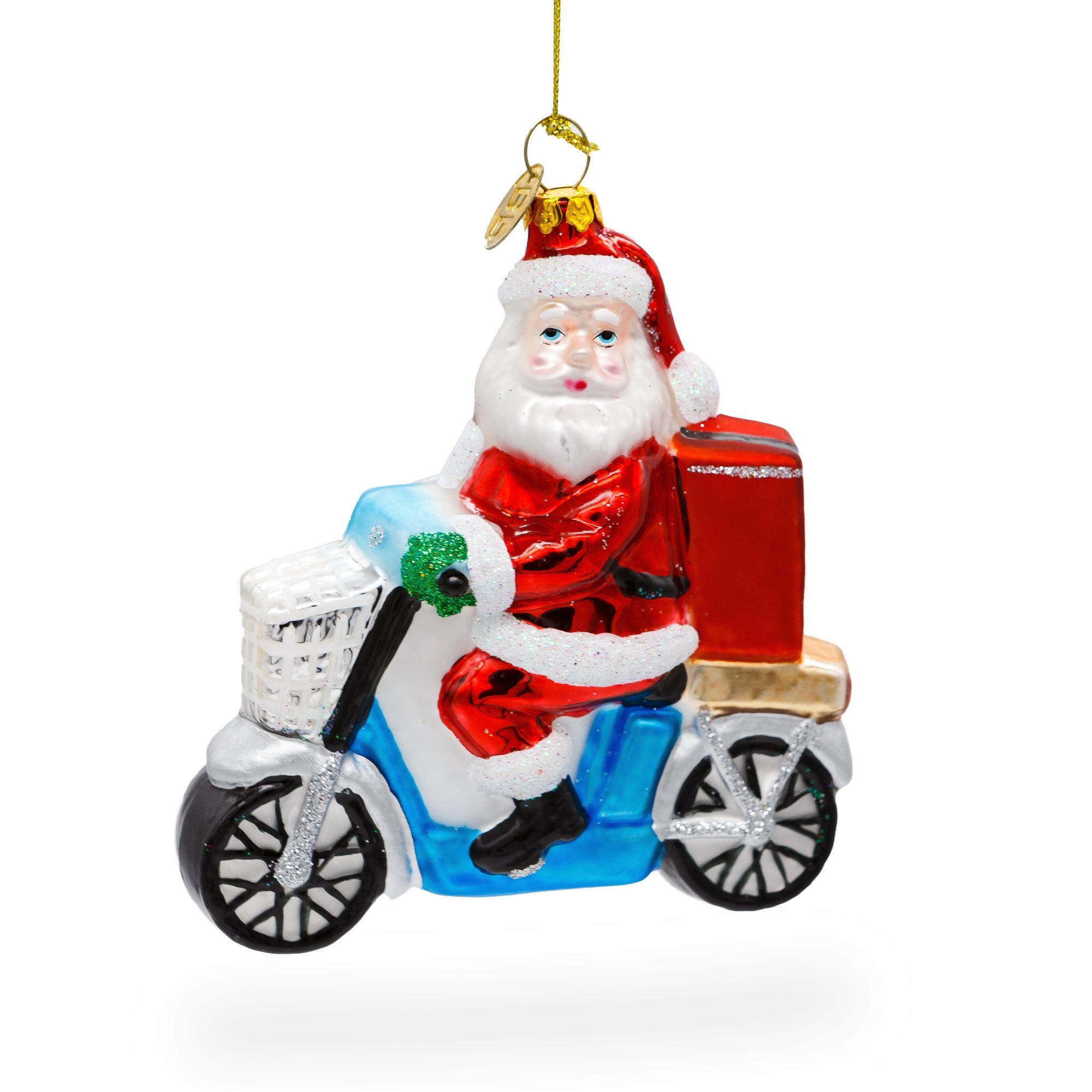 Santa Food Delivery on Scooter Glass Christmas Ornament