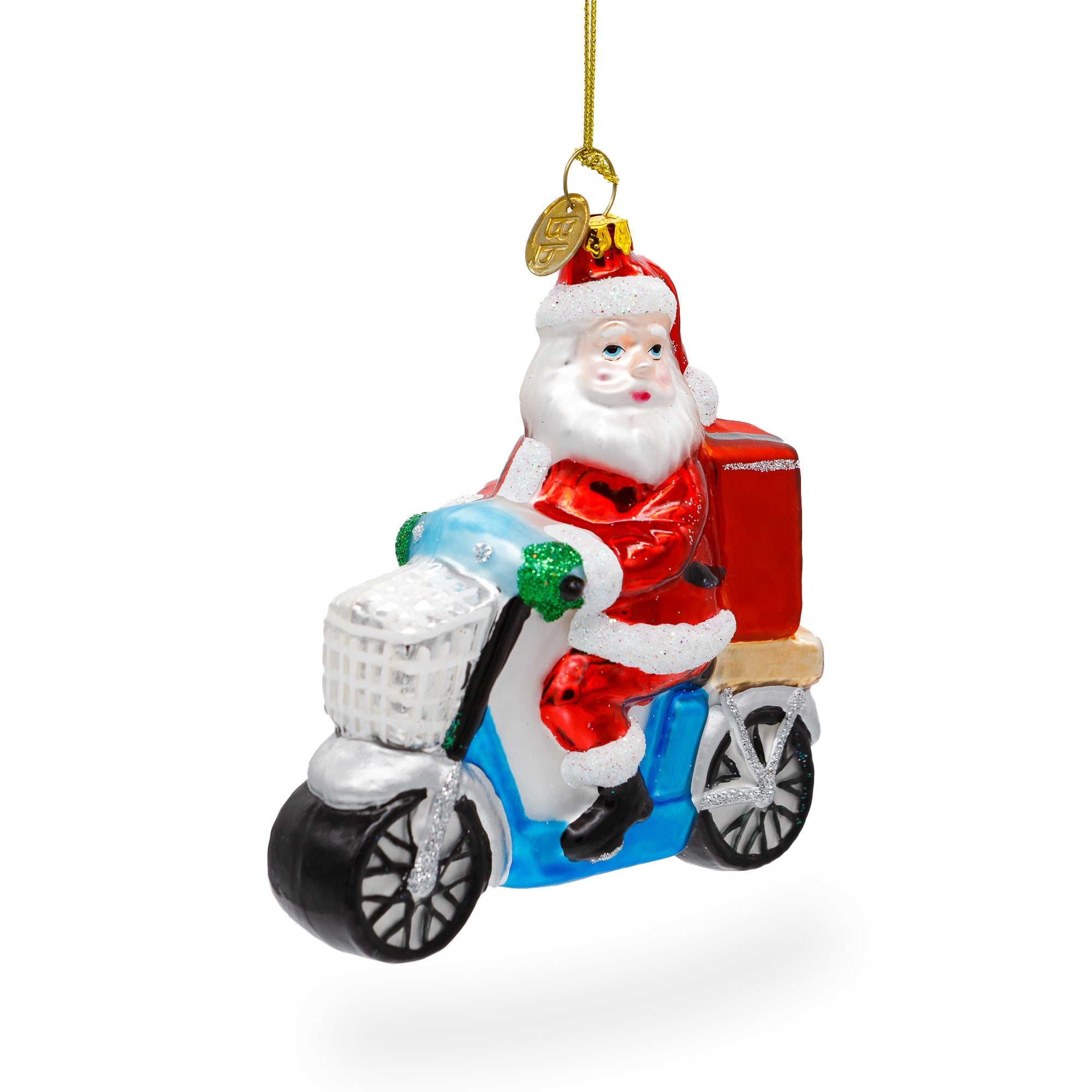 Santa Food Delivery on Scooter Glass Christmas Ornament