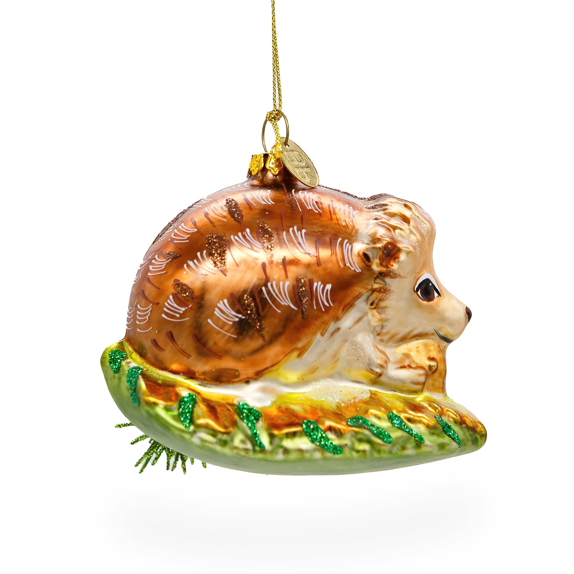 Hedgehog on Grass Glass Christmas Ornament