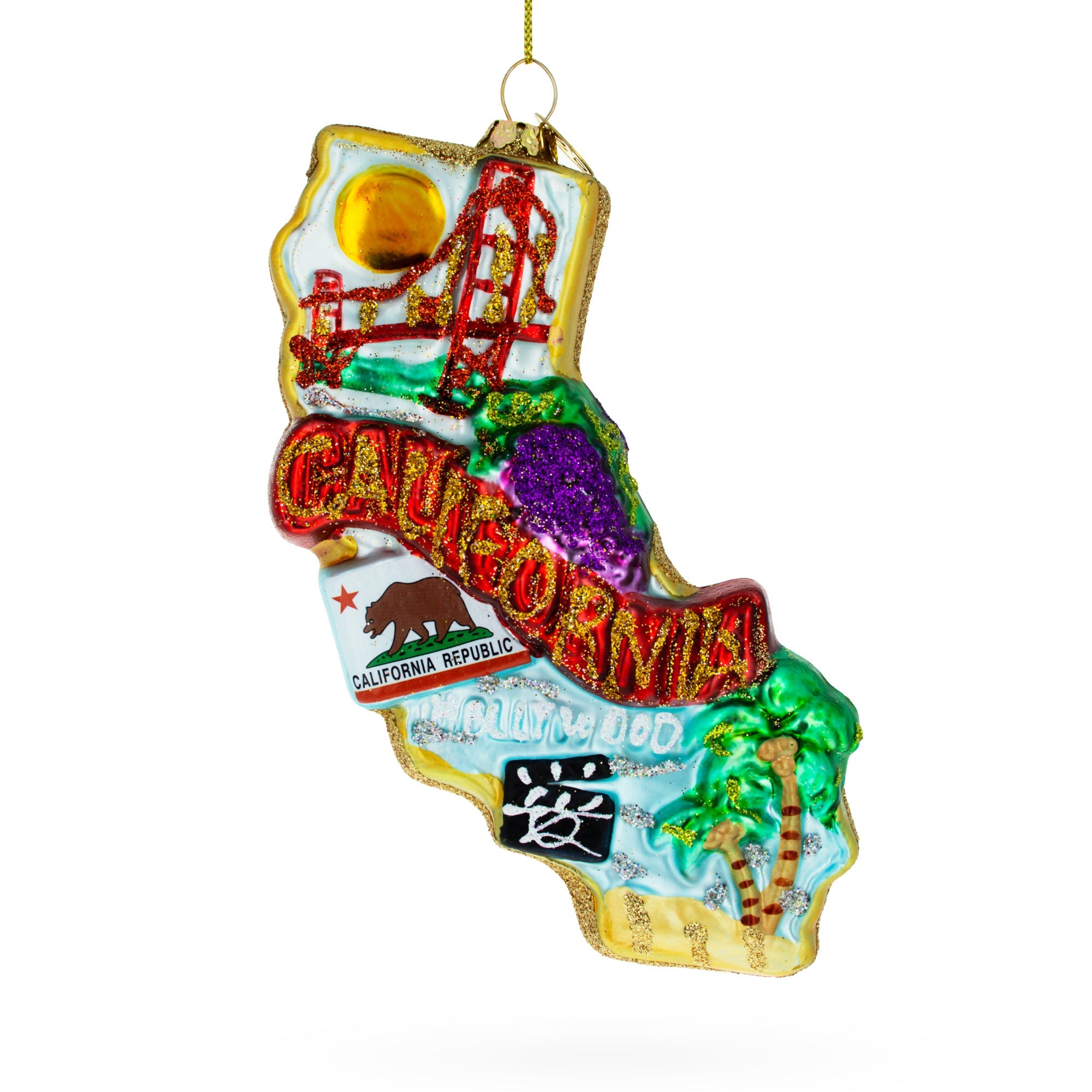 State of California Symbols, USA Glass Christmas Ornament