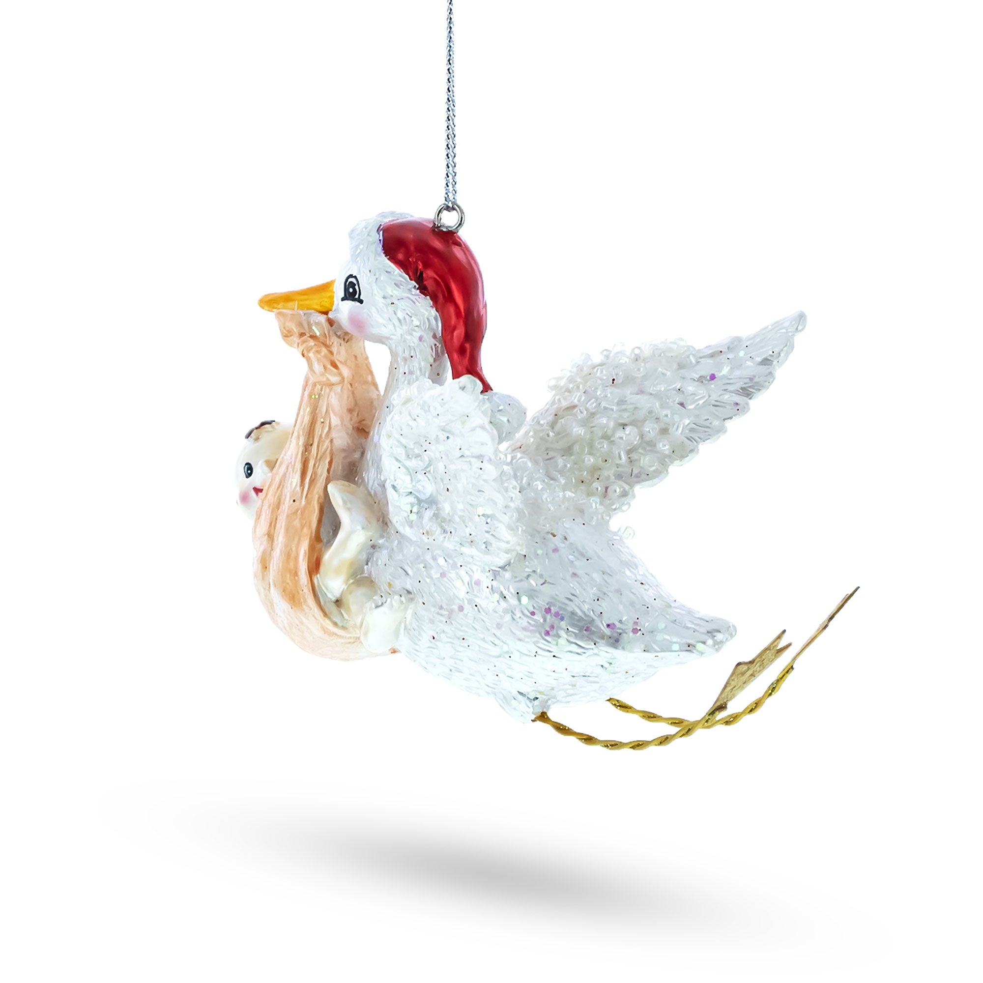 Charming Stork Carrying Baby Glass Christmas Ornament