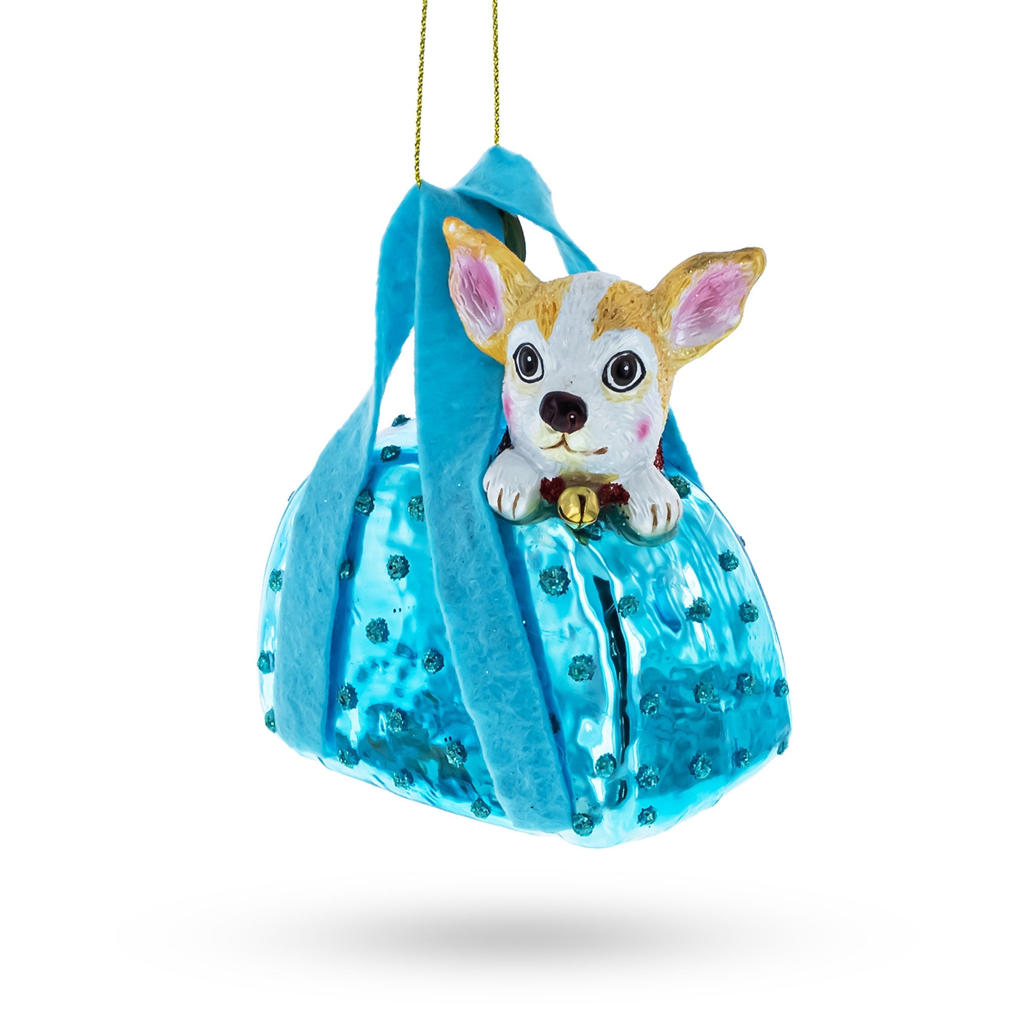Dog in Blue Handbag Glass Christmas Ornament
